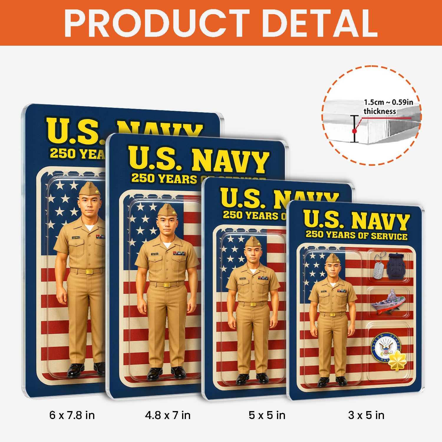 Personalized US Navy 250th Years Of Service Custom Figure Service Uniforms Acrylic Block