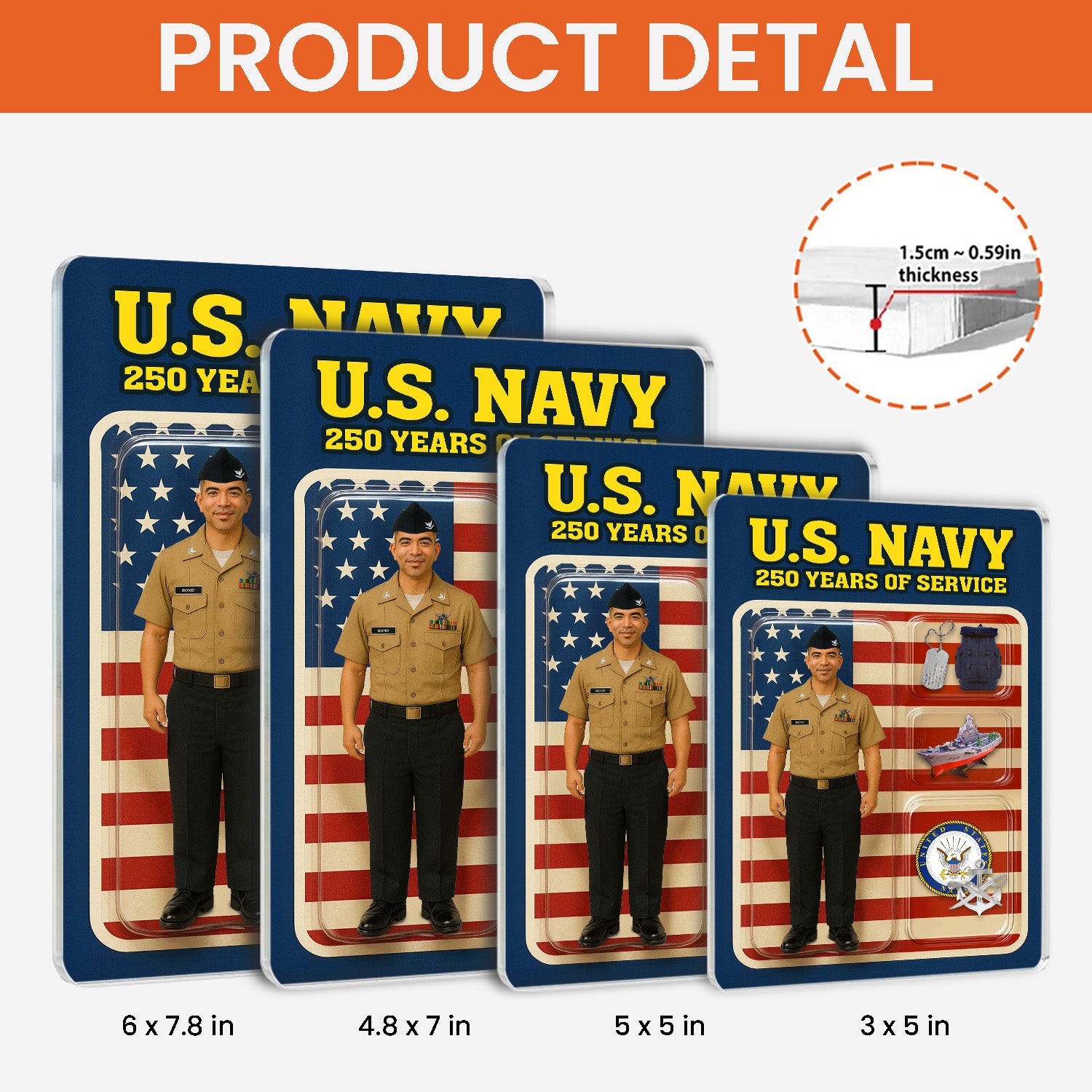 Personalized US Navy 250th Years Of Service Custom Figure Enlisted Service Uniform Acrylic Block