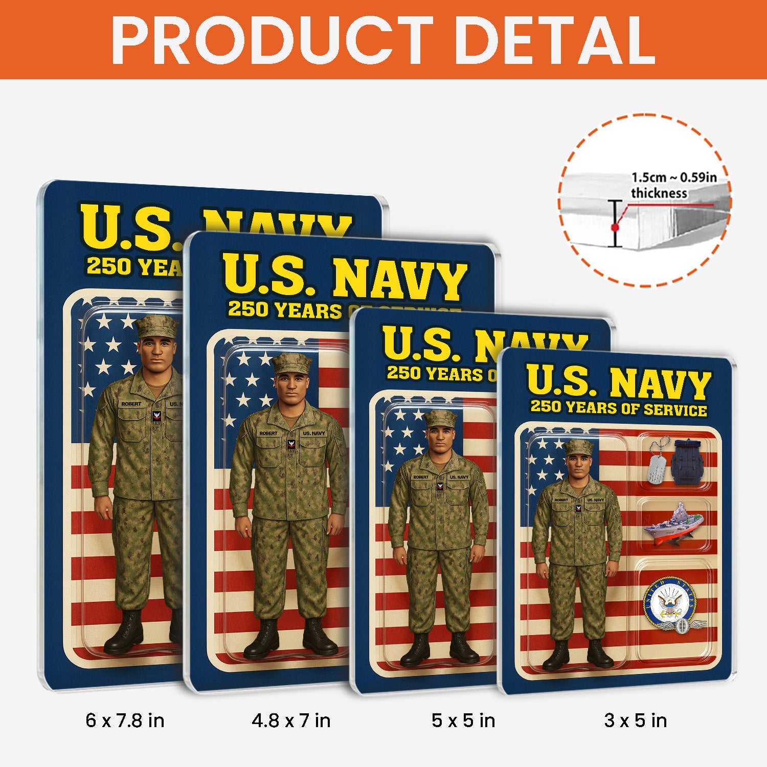 Personalized US Navy 250th Years Of Service Custom Figure Enlisted Working Uniform Acrylic Block