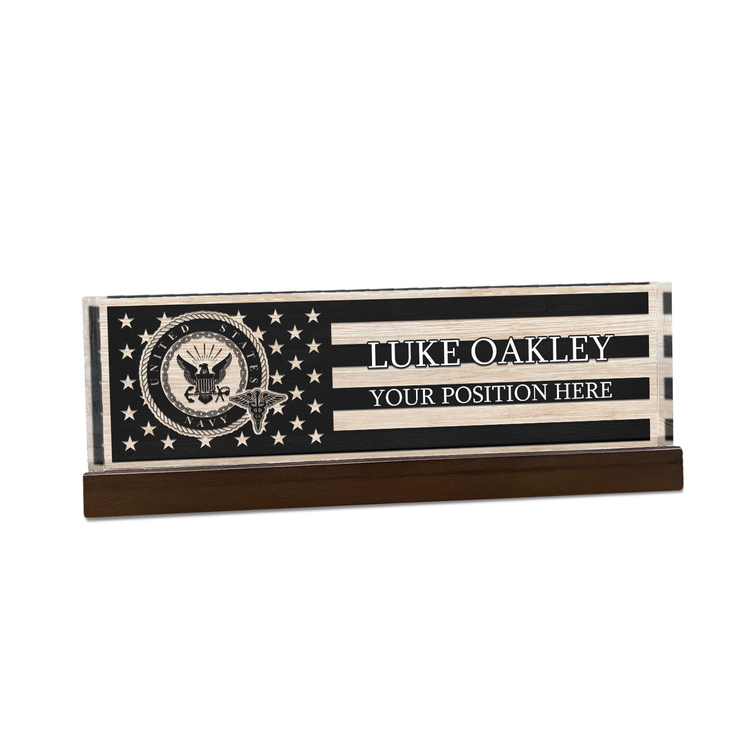 Custom US Navy Black & White Flag Desk Nameplate for Sailors, Veterans & Retirees