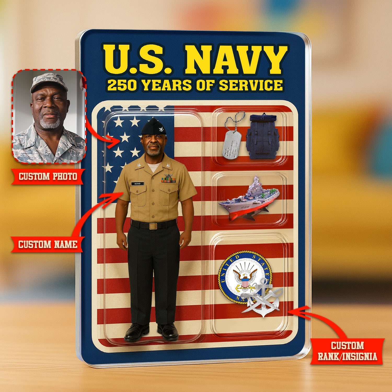 Personalized US Navy 250th Years Of Service Custom Figure Enlisted Service Uniform Acrylic Block