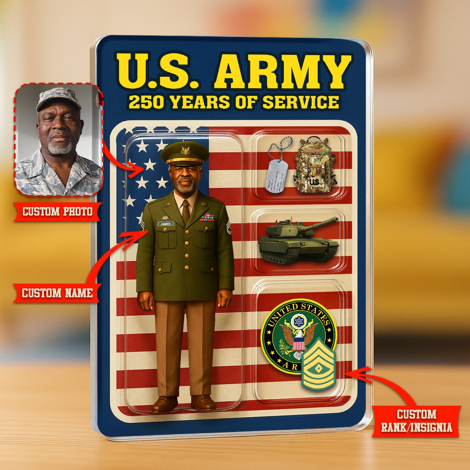 Personalized US Army 250th Years Of Service Custom Figure Army Green Service Uniform Acrylic Block