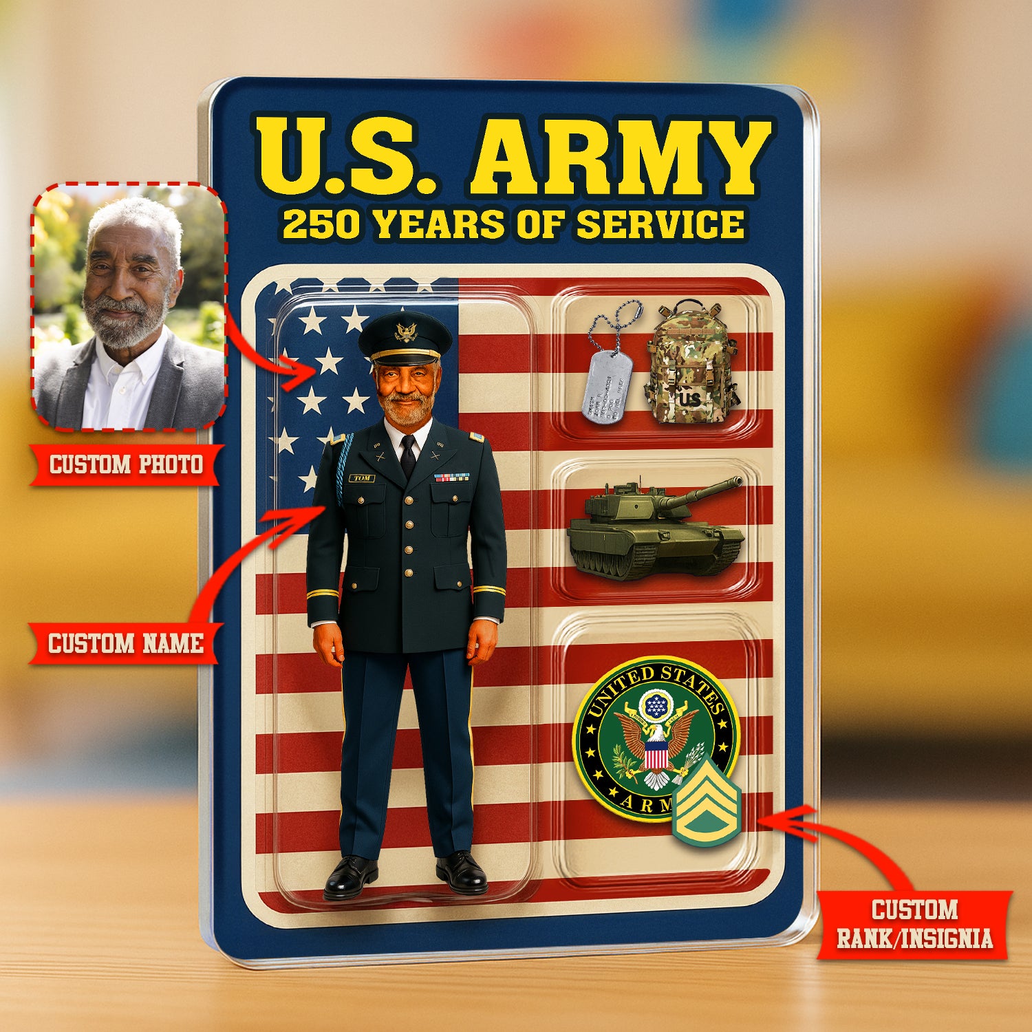 Personalized US Army 250th Years Of Service Custom Figure Male Army Officer Service Uniform Acrylic Block