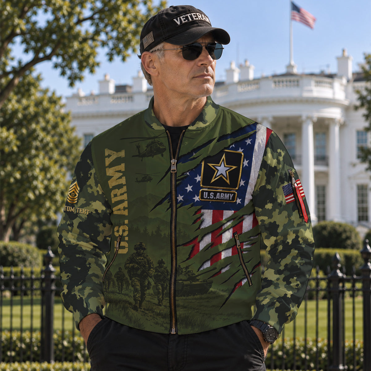 Personalized U.S. Army Bomber Jacket Custom Rank & Text Veteran Gift