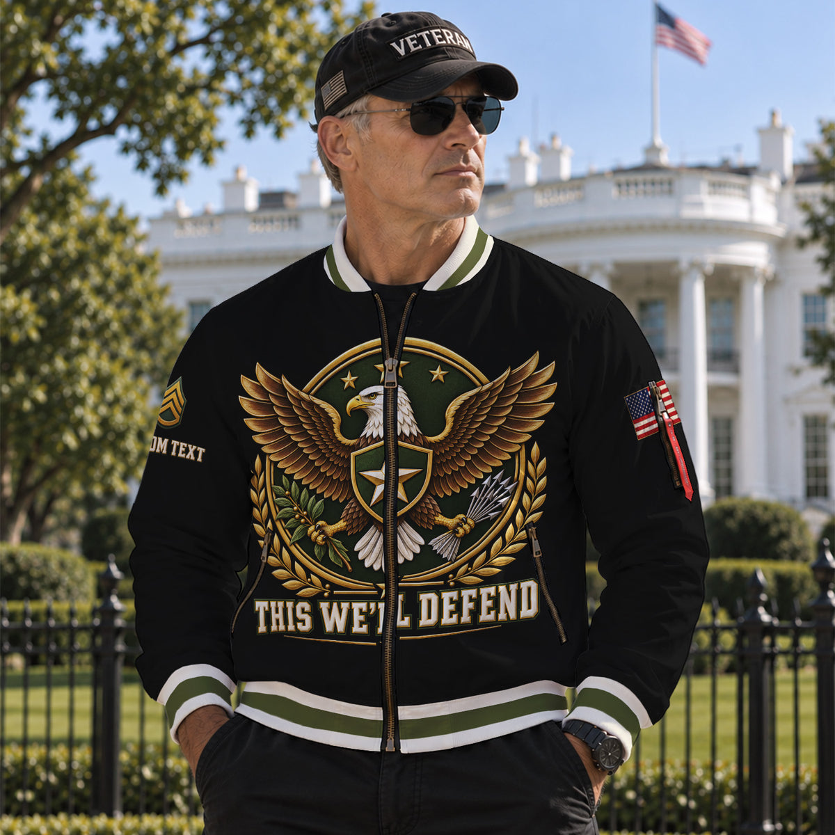 Custom US Army Veteran Bomber Jacket Personalized Name Rank Military Gift