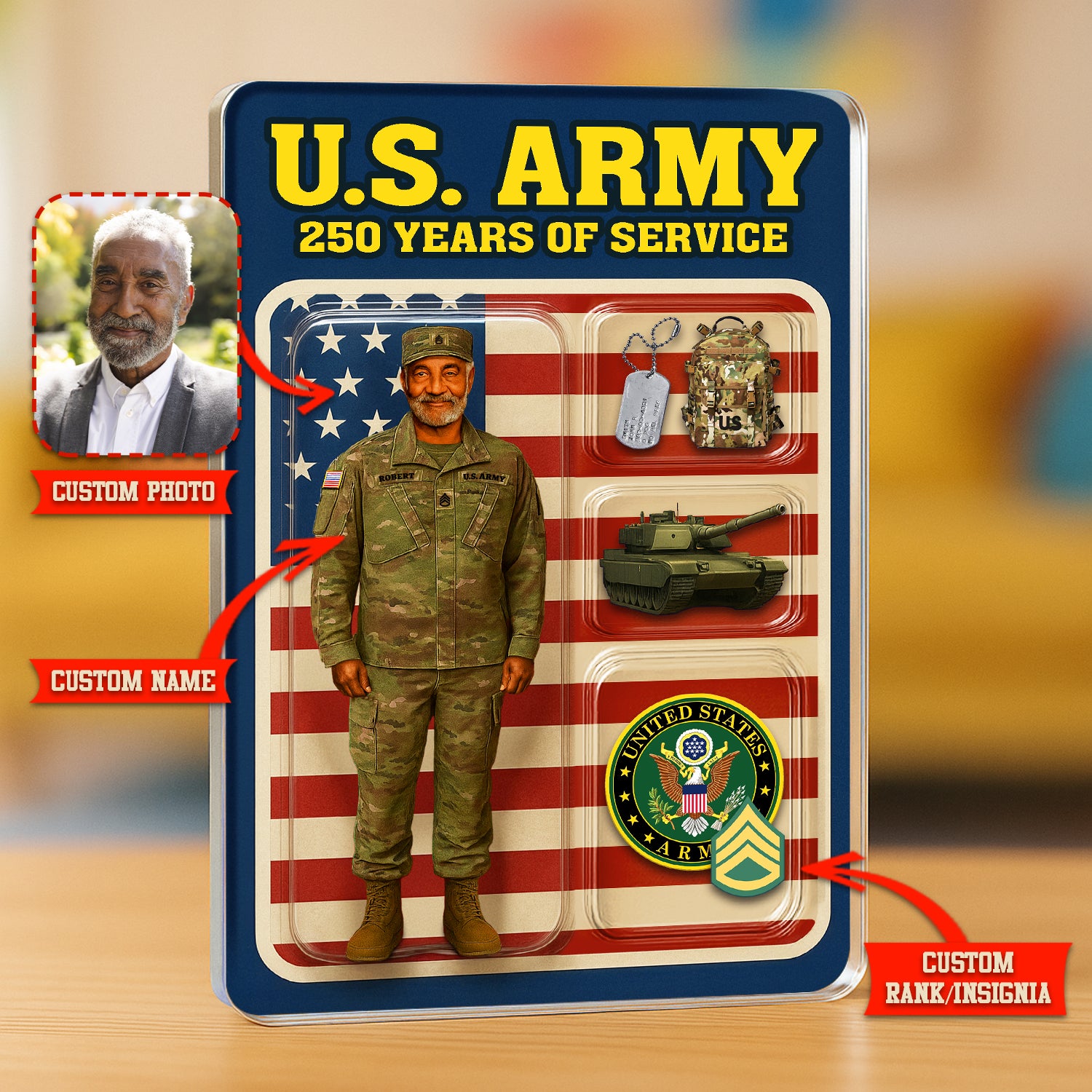Personalized US Army 250th Years Of Service Custom Figure Army Combat Uniform Acrylic Block