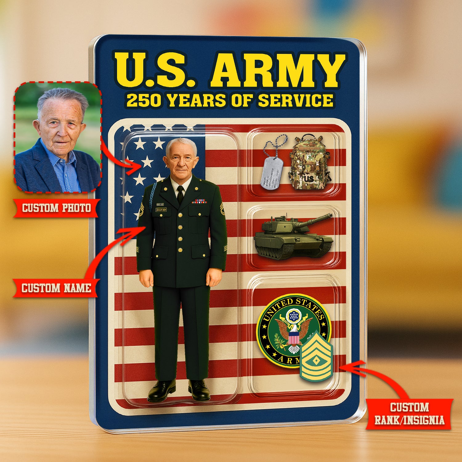 Personalized US Army 250th Years Of Service Custom Figure Male Enlisted Army Green Uniform Acrylic Block