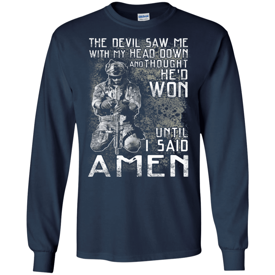 Military T-Shirt "The Devil Saw Me With My Head Down Amen Veteran T-Shirt Men" Front-TShirt-General-Veterans Nation