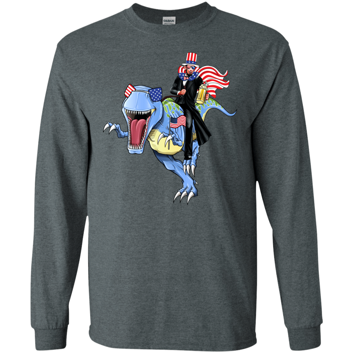 Military T-Shirt "Lincoln Dinosaur Beer Merica Flag" Front-TShirt-General-Veterans Nation