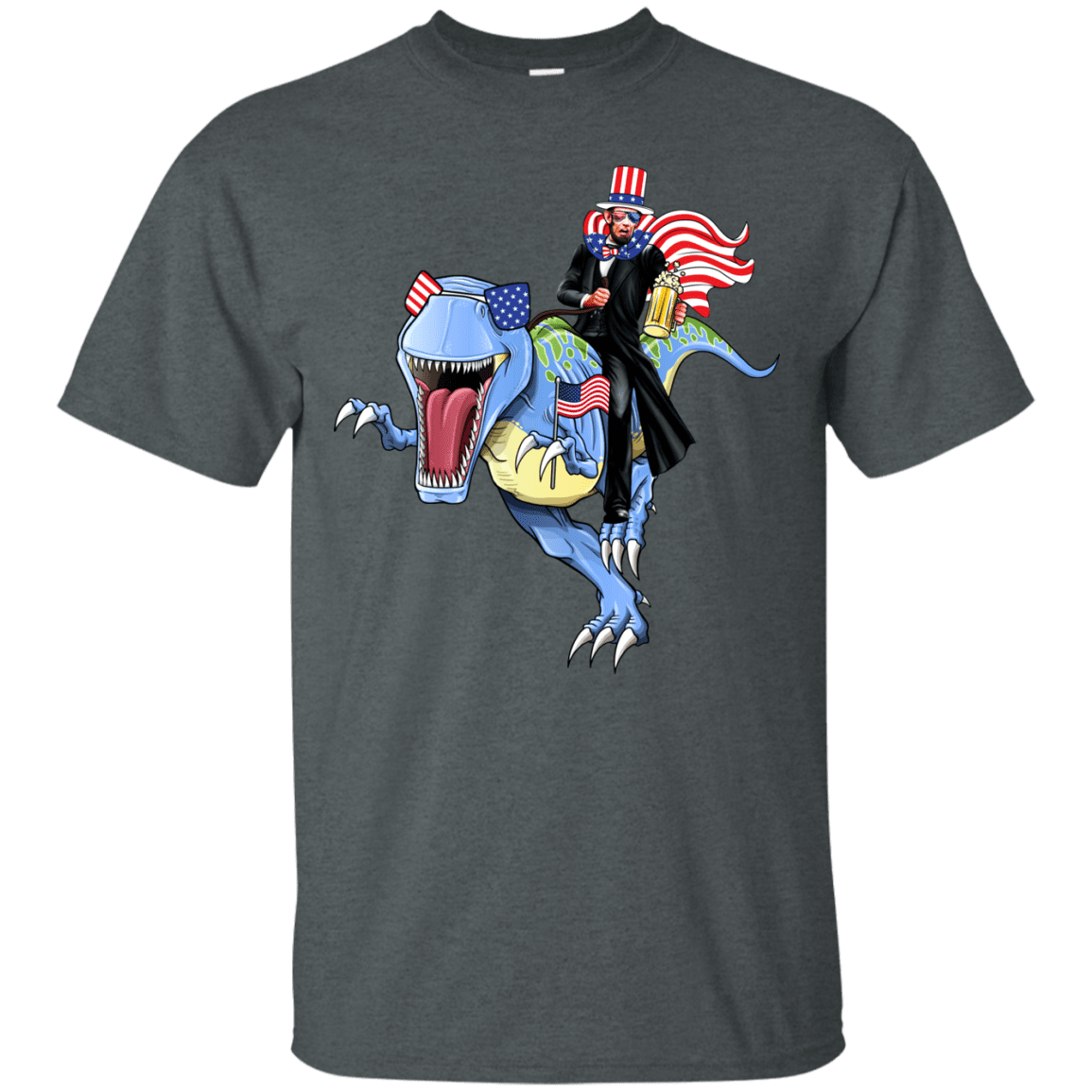 Military T-Shirt "Lincoln Dinosaur Beer Merica Flag" Front-TShirt-General-Veterans Nation