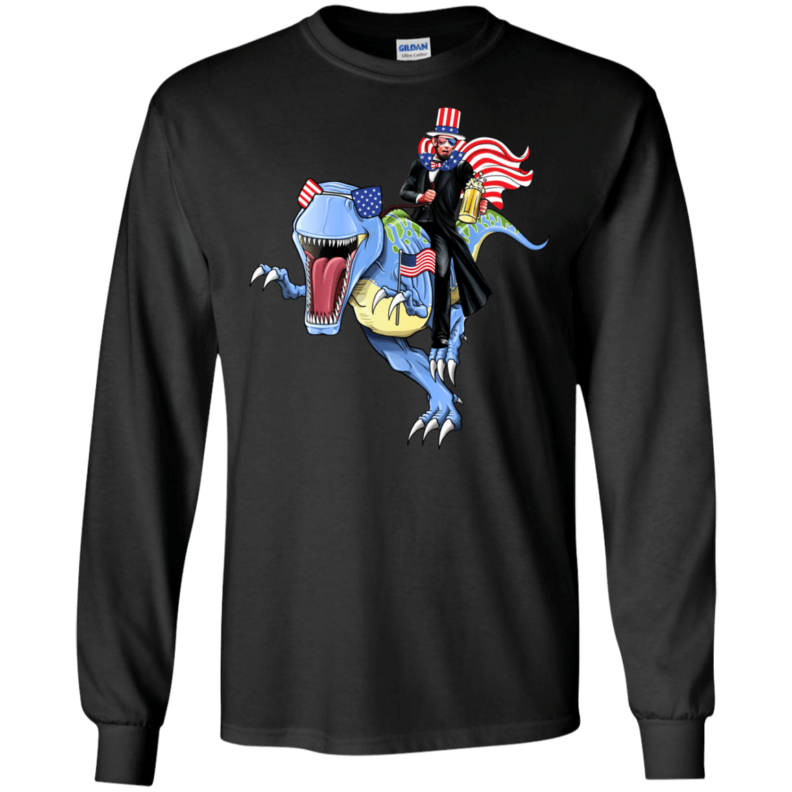 Military T-Shirt "Lincoln Dinosaur Beer Merica Flag" Front-TShirt-General-Veterans Nation