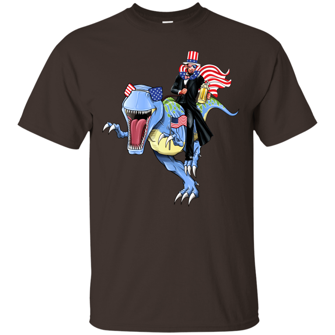 Military T-Shirt "Lincoln Dinosaur Beer Merica Flag" Front-TShirt-General-Veterans Nation