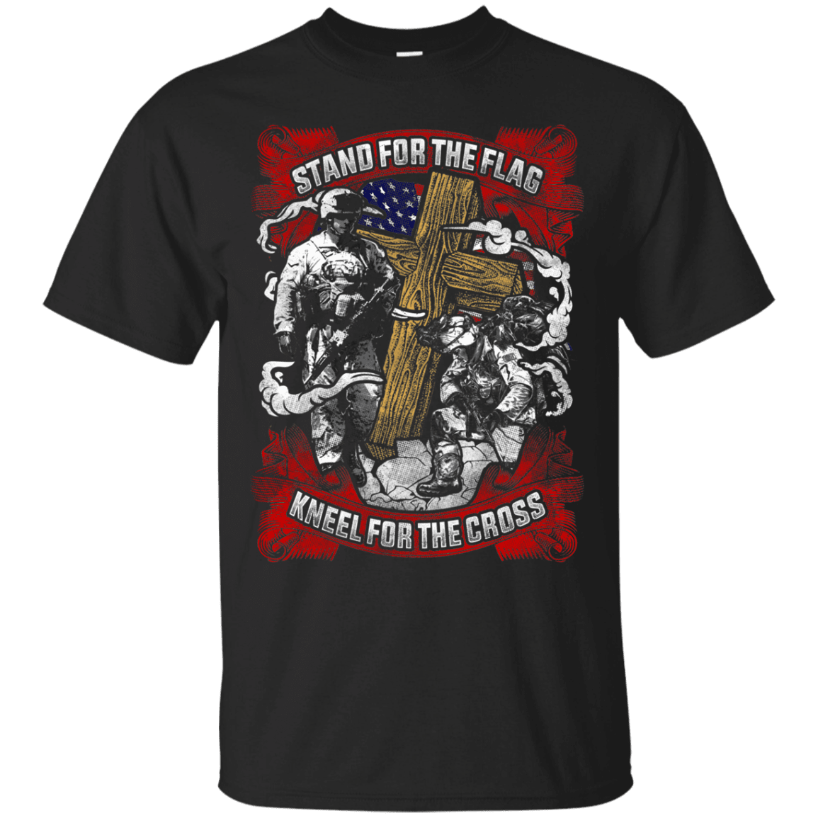 Military T-Shirt "Stand For the Flag Kneel For The Cross Men" Front-TShirt-General-Veterans Nation