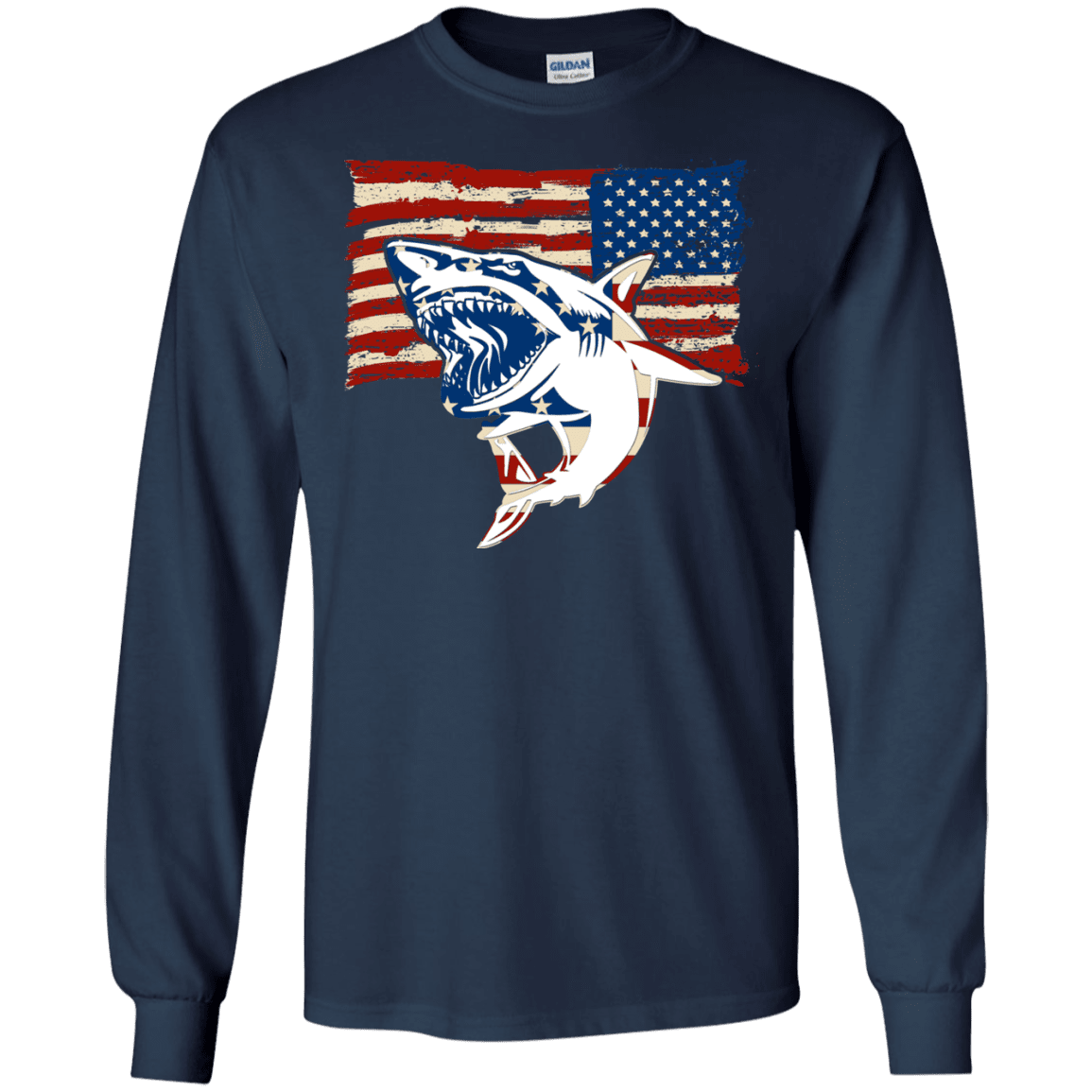 Military T-Shirt "Independence Day Shark American Flag" Front-TShirt-General-Veterans Nation