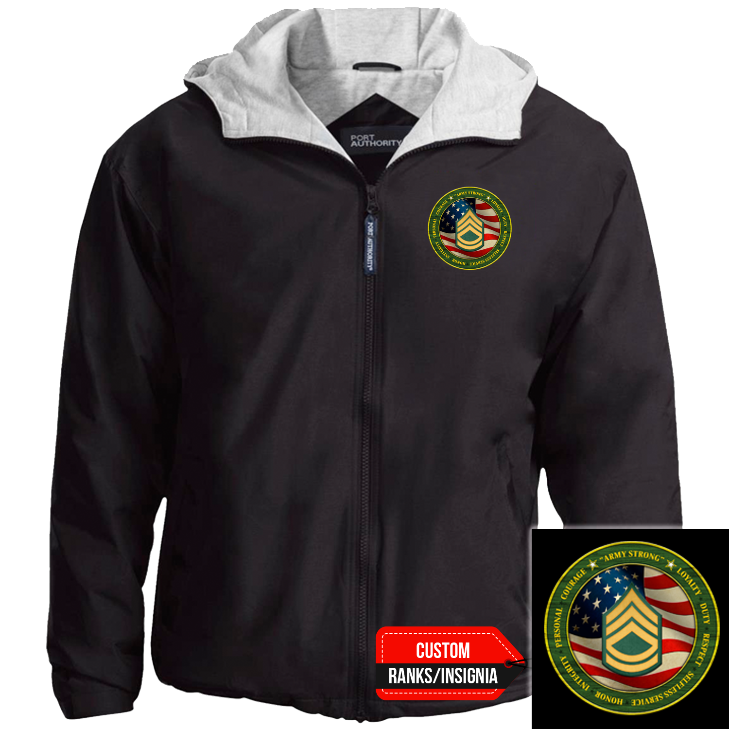 Custom US Army Ranks/Insignia Military Mottos, Core Values Print On Left Chest Team Jacket