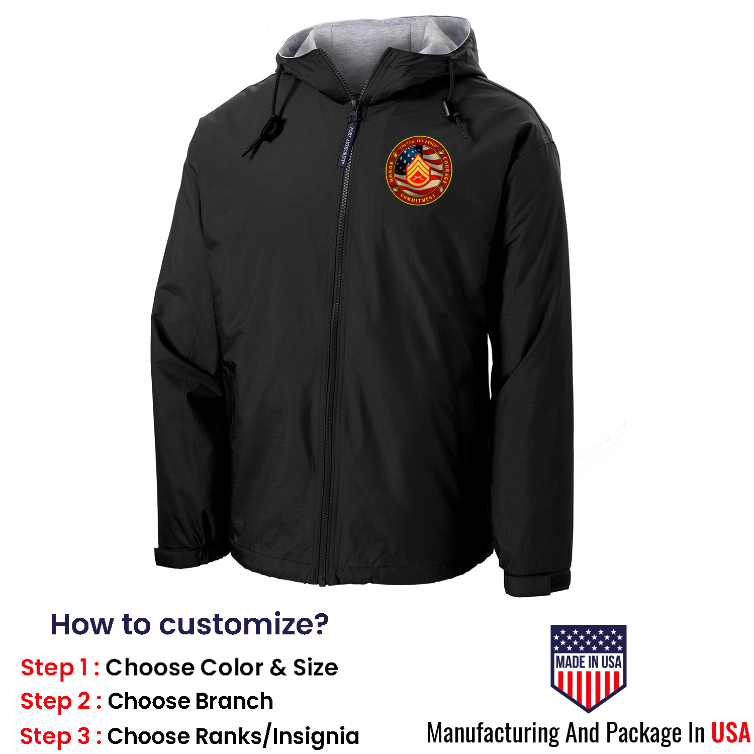 Custom MARlNE Ranks/Insignia Military Mottos, Core Values Print On Left Chest Team Jacket