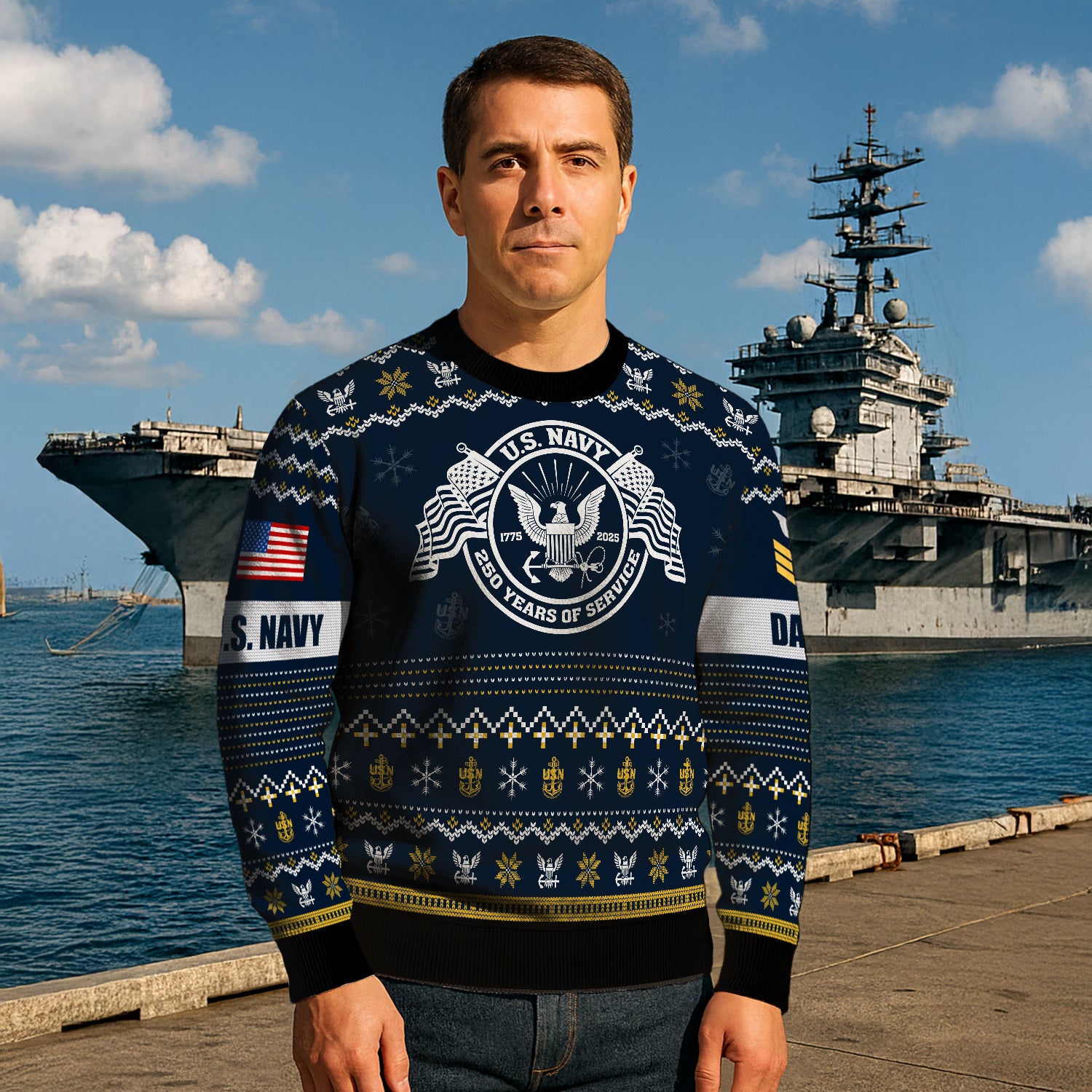 Custom Ranks And Text US Navy Ugly Christmas Sweater for Women Men JUST04