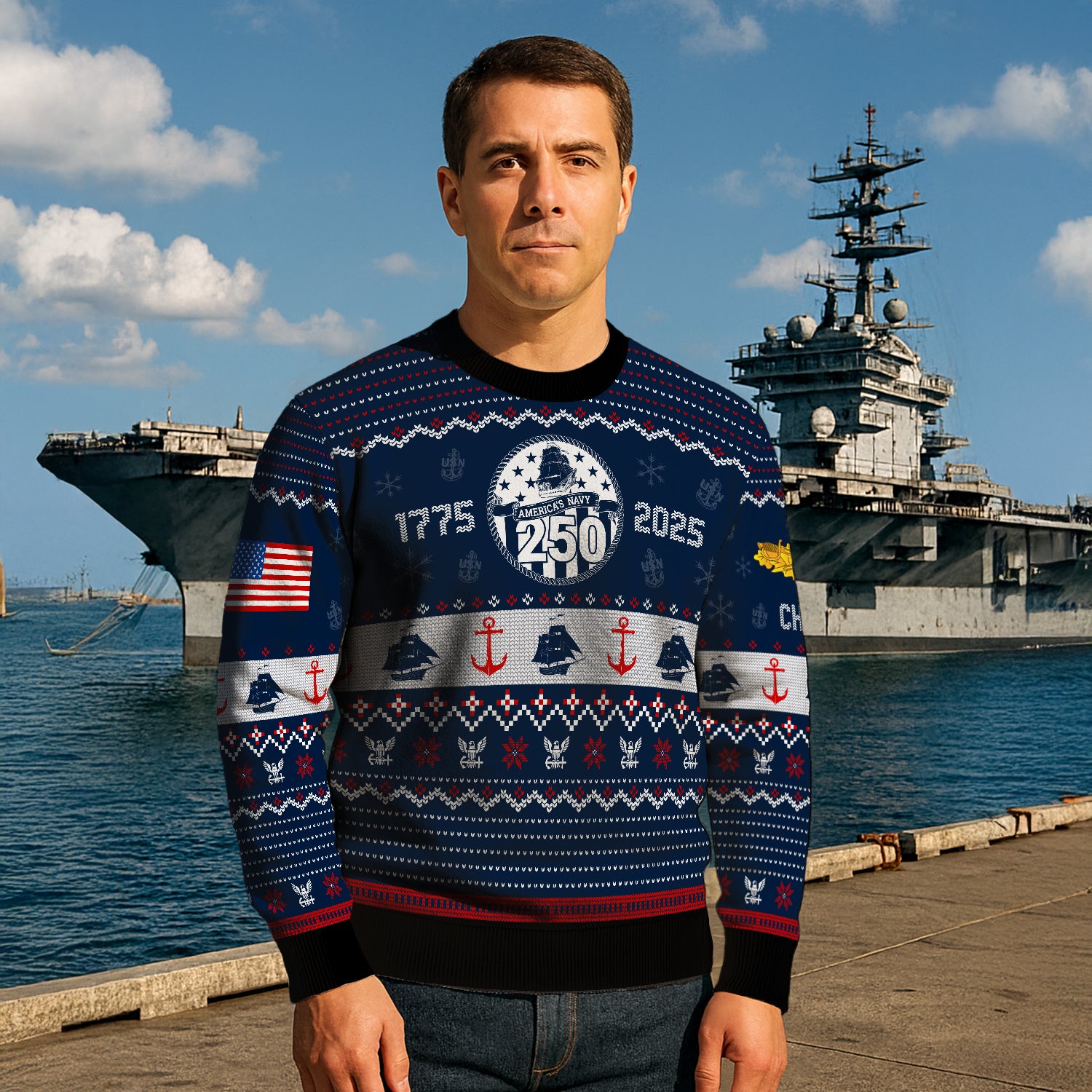 Custom Ranks And Text US Navy Ugly Christmas Sweater for Women Men JUST03