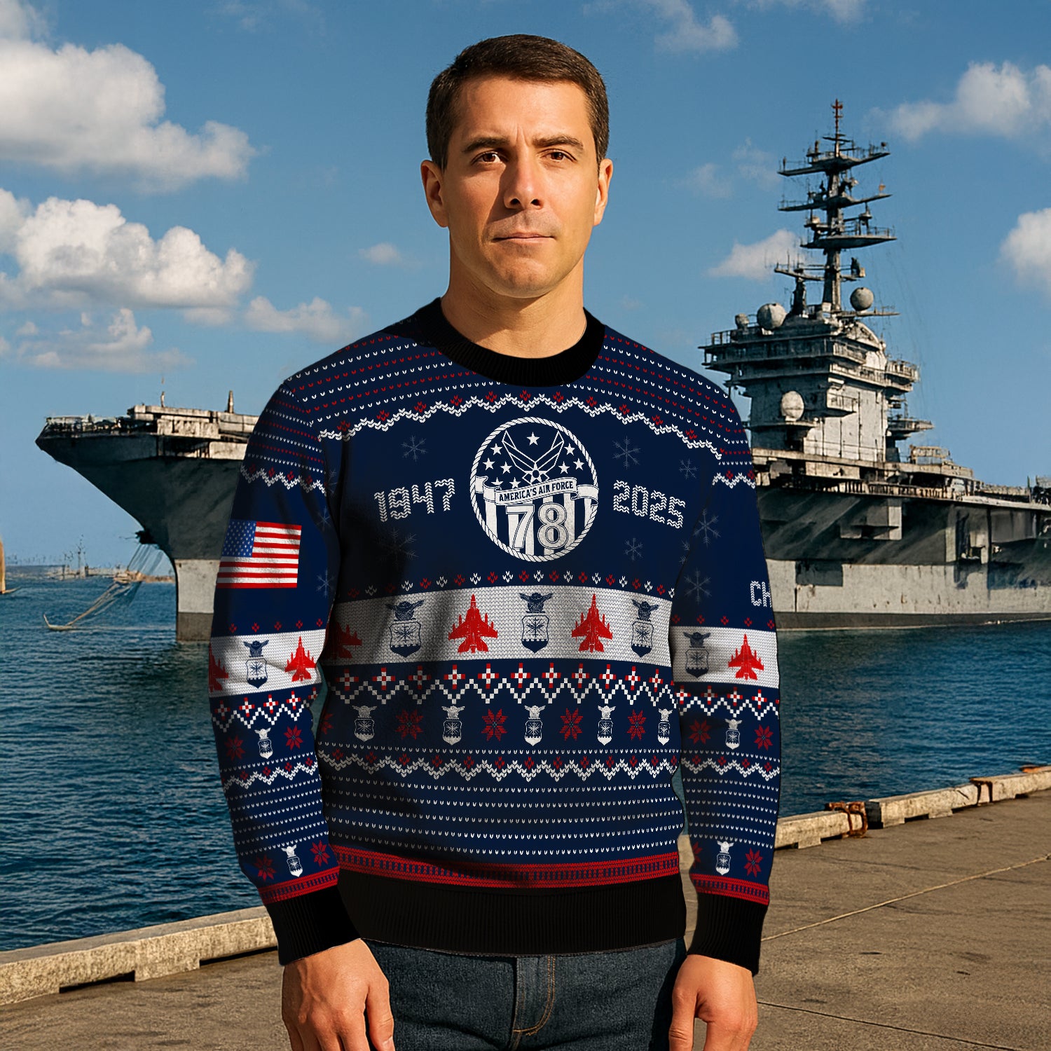 Custom Ranks And Text US Air Force Ugly Christmas Sweater for Women Men JUST03
