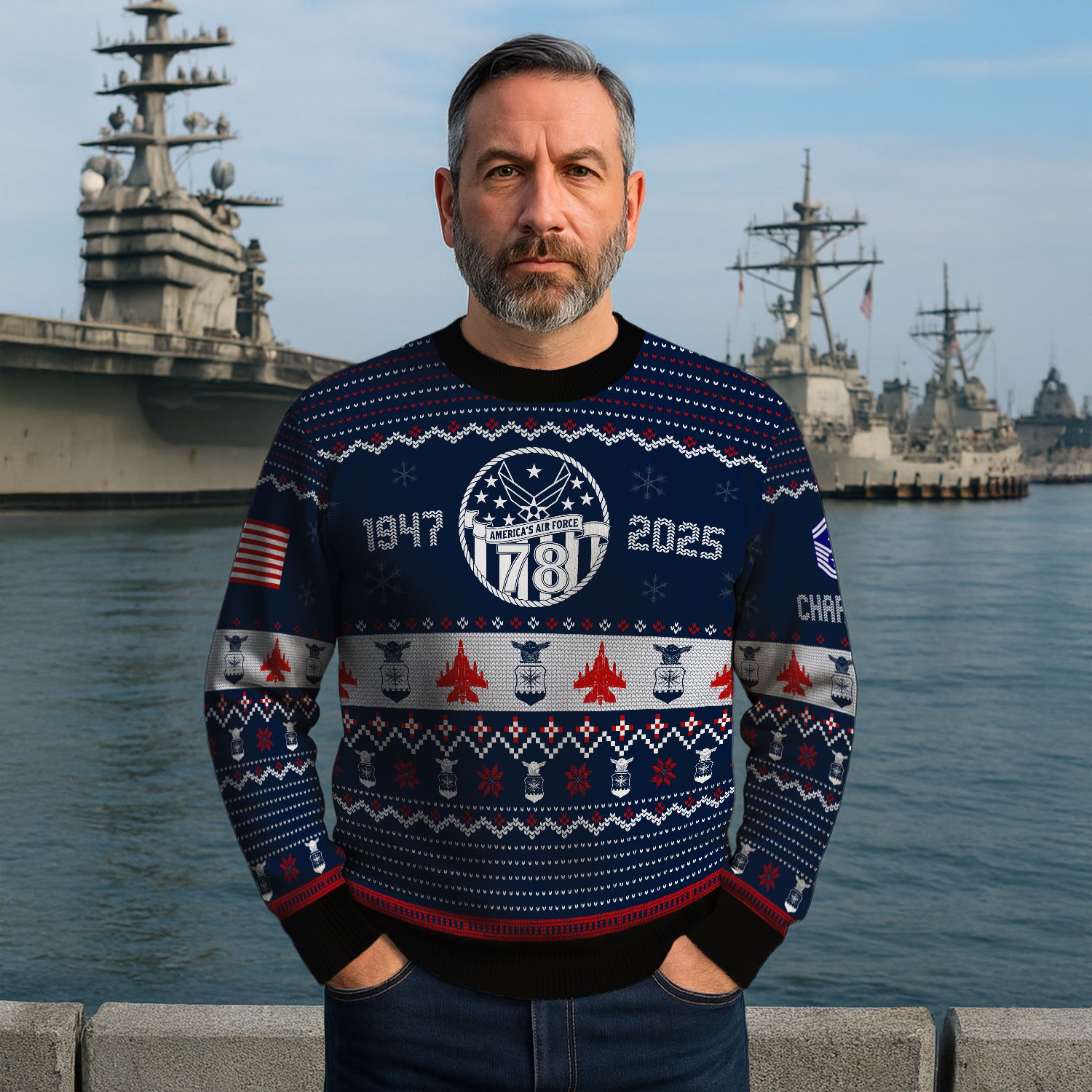 Custom Ranks And Text US Air Force Ugly Christmas Sweater for Women Men JUST03