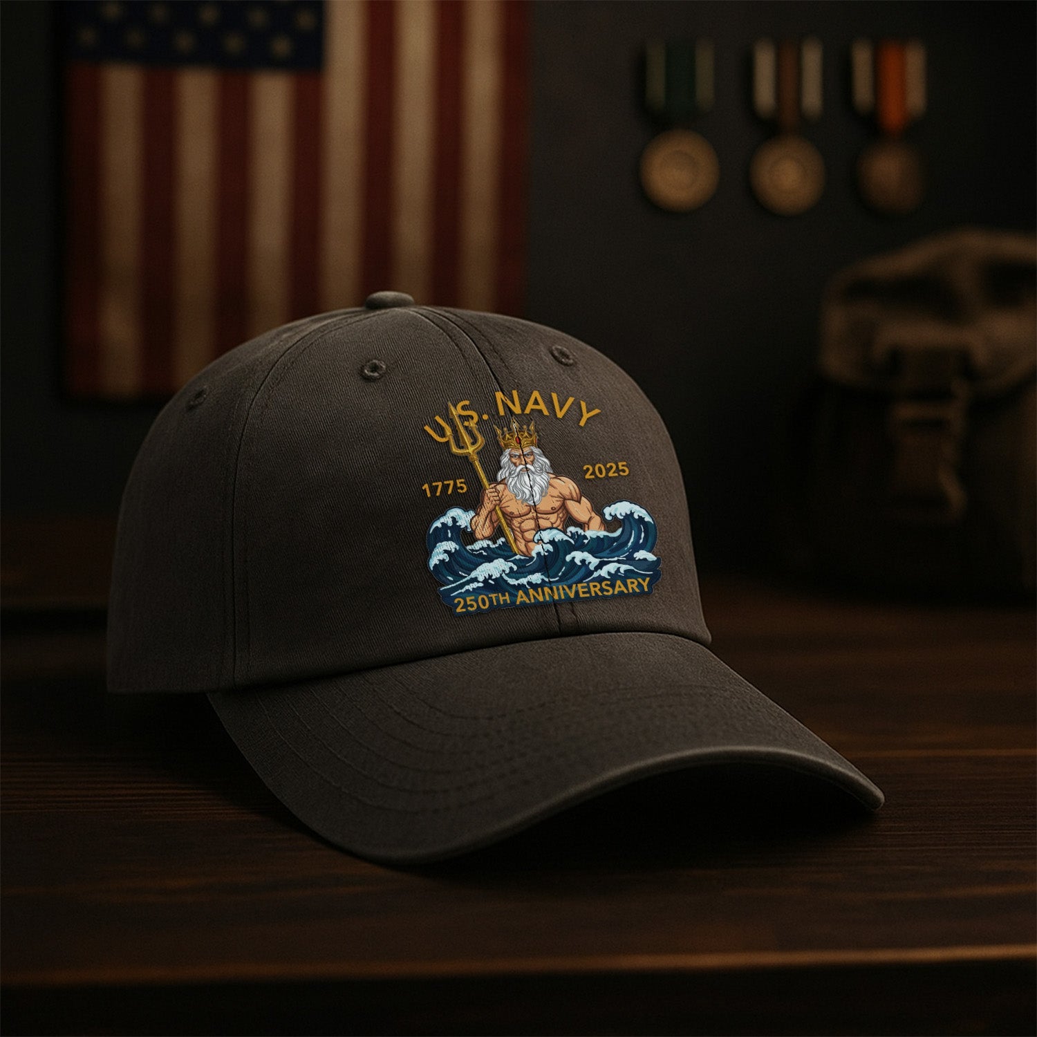 US Navy 250th Annivesary Poseidon Washed Denim Cap