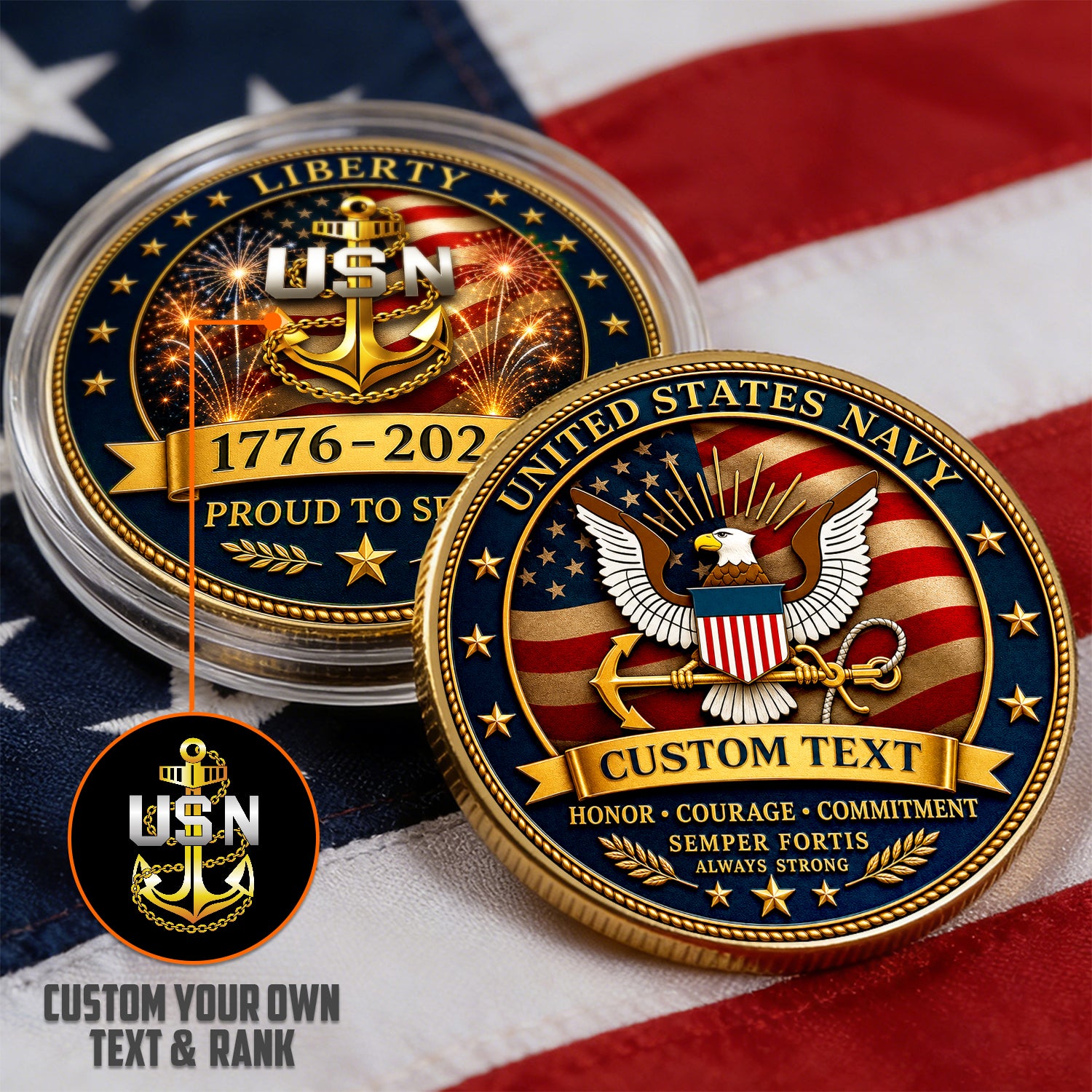 Personalized U.S. Navy Veteran Rank Challenge Coin – Custom Text & Rank