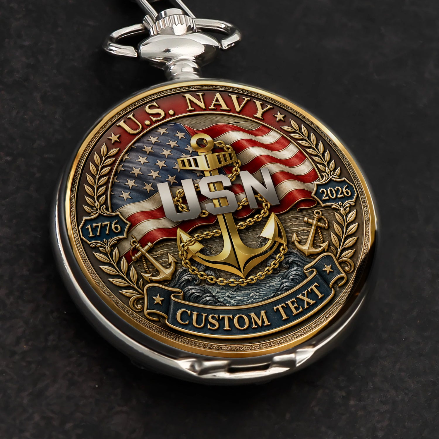 US Navy Pocket Watch Personalized Text and Rank Gift