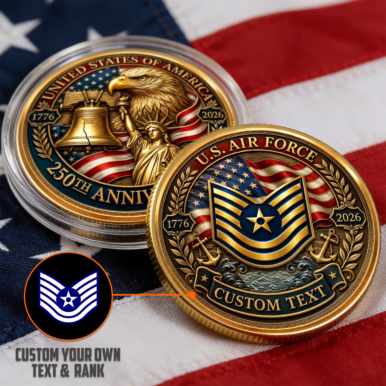 Custom USAF Rank Challenge Coin 1776-2026 Military Keepsake