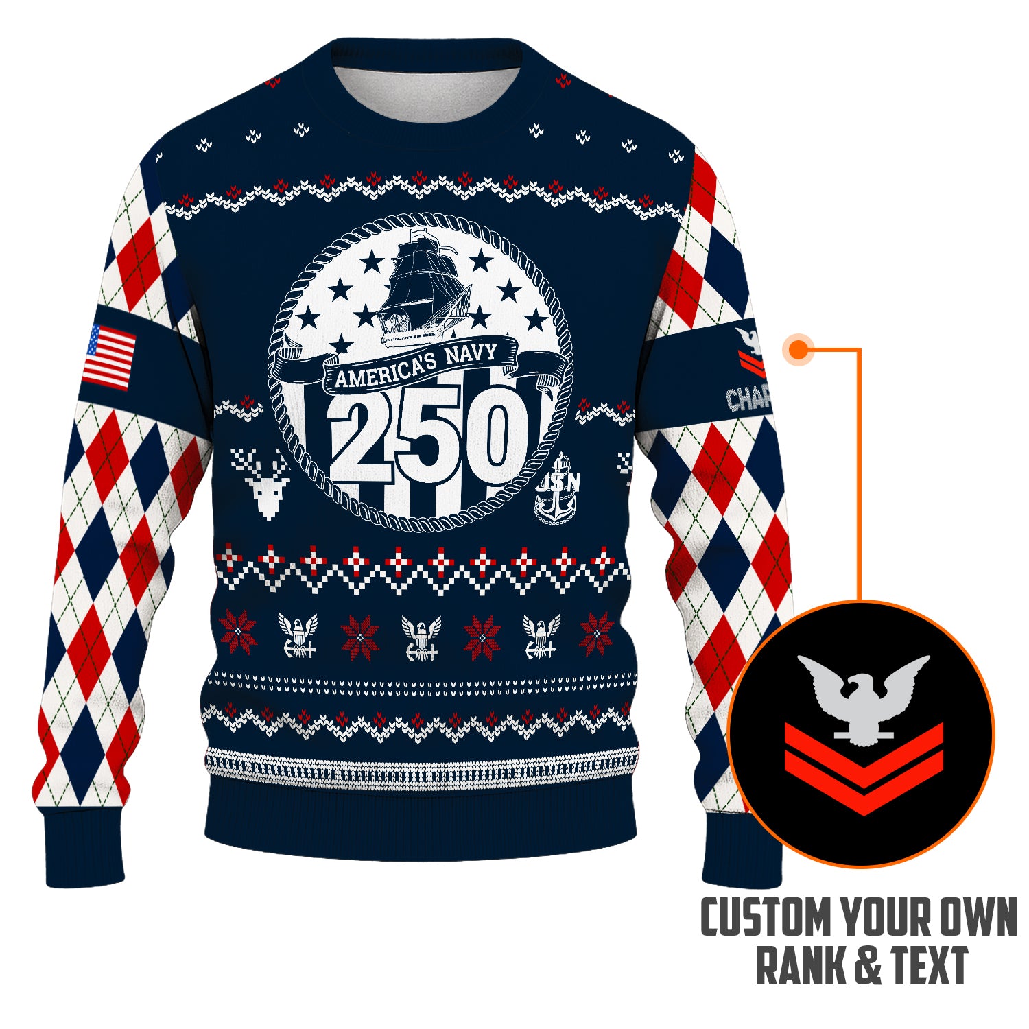 Custom Ranks And Text US Navy Ugly Christmas Sweater for Women Men JUST05