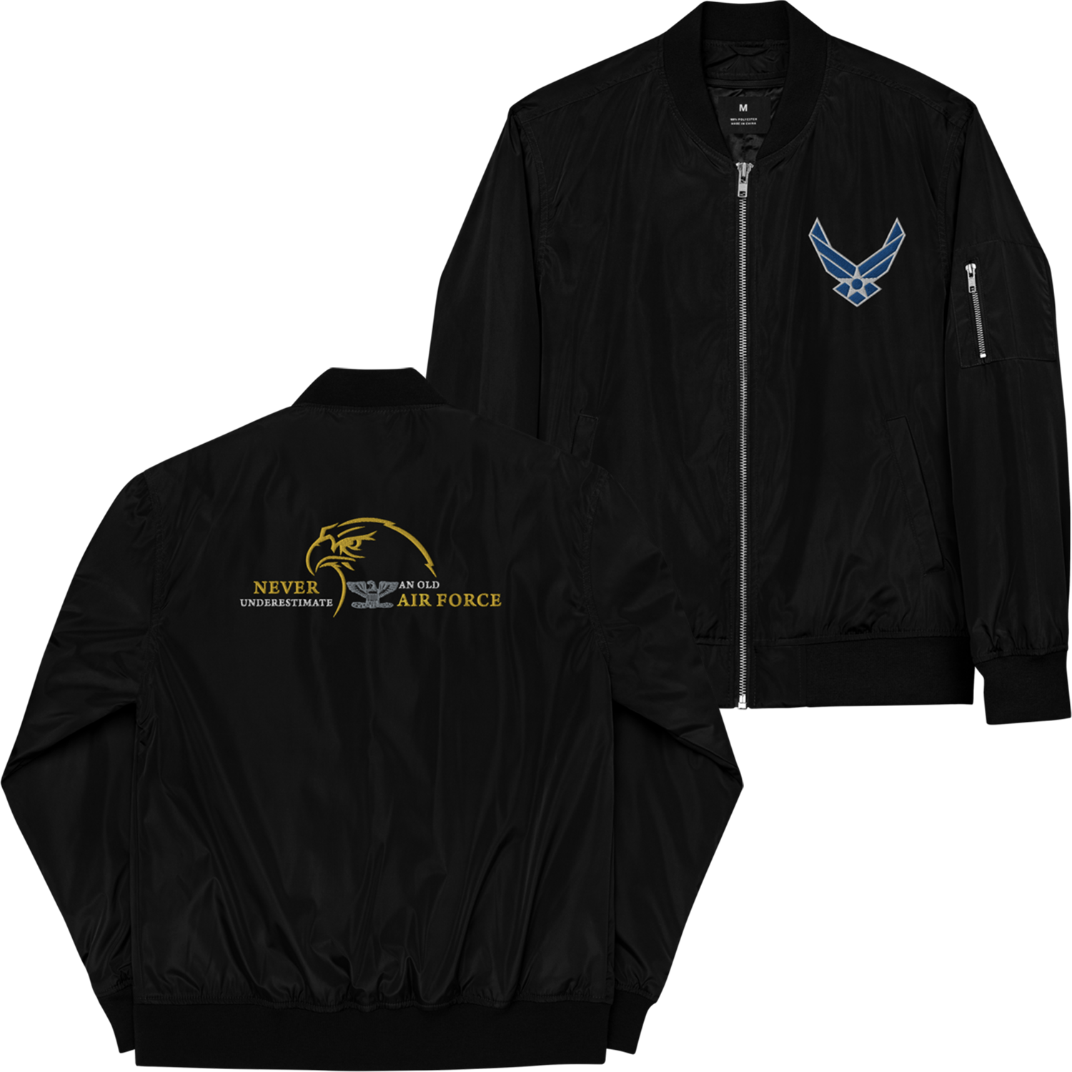 Never Underestimate An Old Air Force, Custom US Air Force Ranks, Insignia On Back, Embroidered Recycled Bomber Jacket