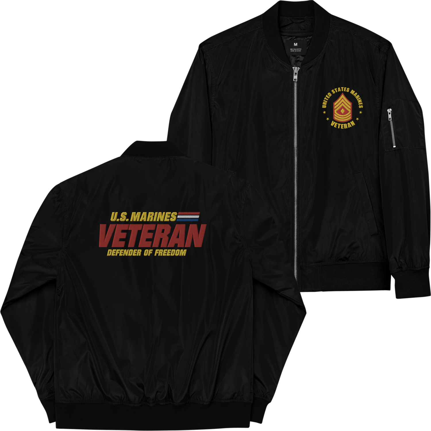 US Marines Veteran Defender Of Freedom, Custom MARlNE Ranks, Insignia On Left Chest, Embroidered Recycled Bomber Jacket