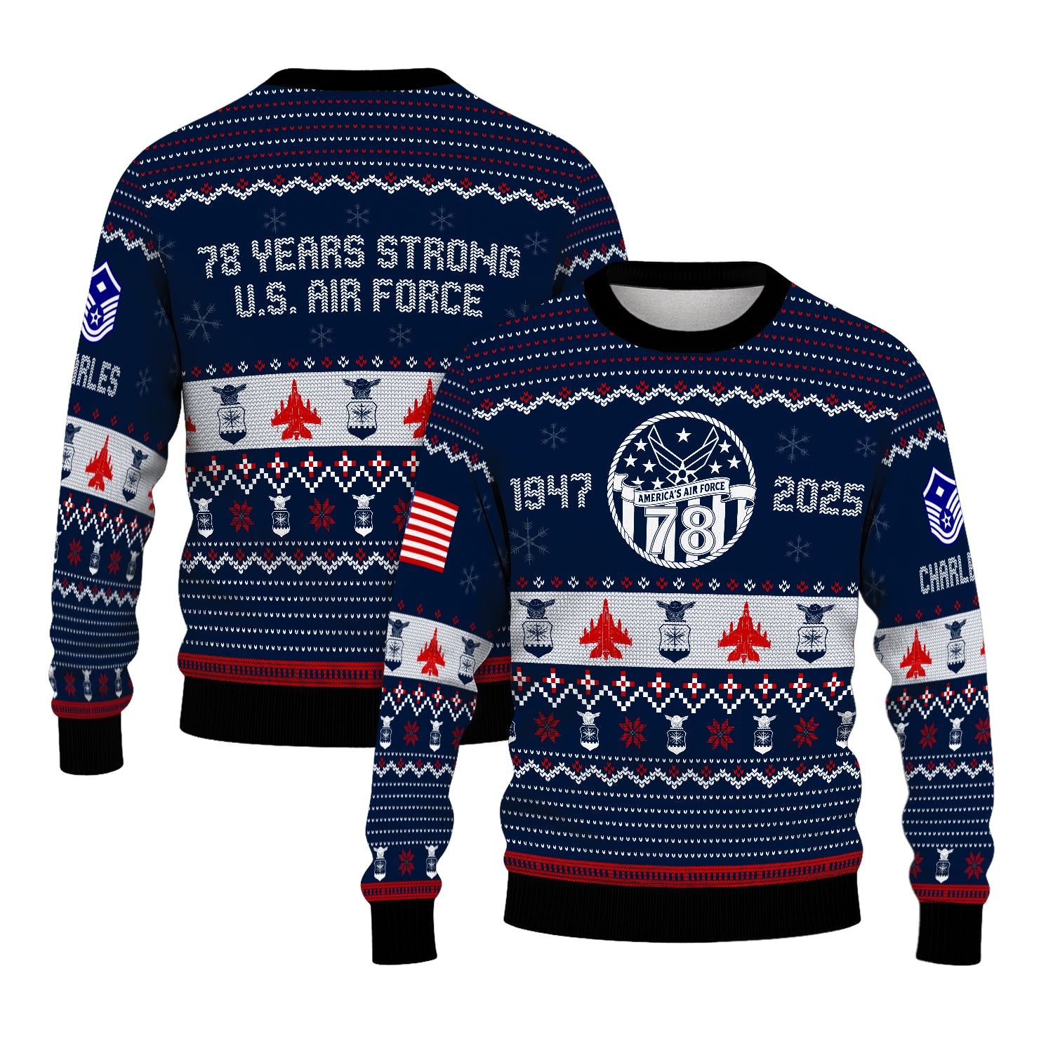 Custom Ranks And Text US Air Force Ugly Christmas Sweater for Women Men JUST03