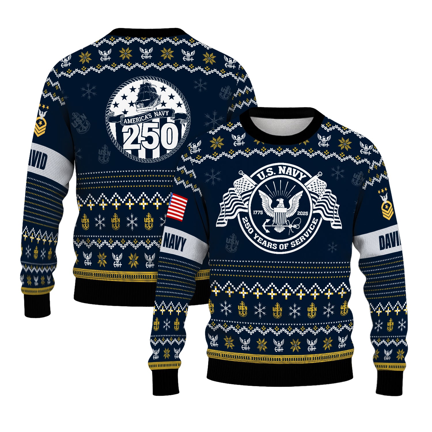 Custom Ranks And Text US Navy Ugly Christmas Sweater for Women Men JUST04