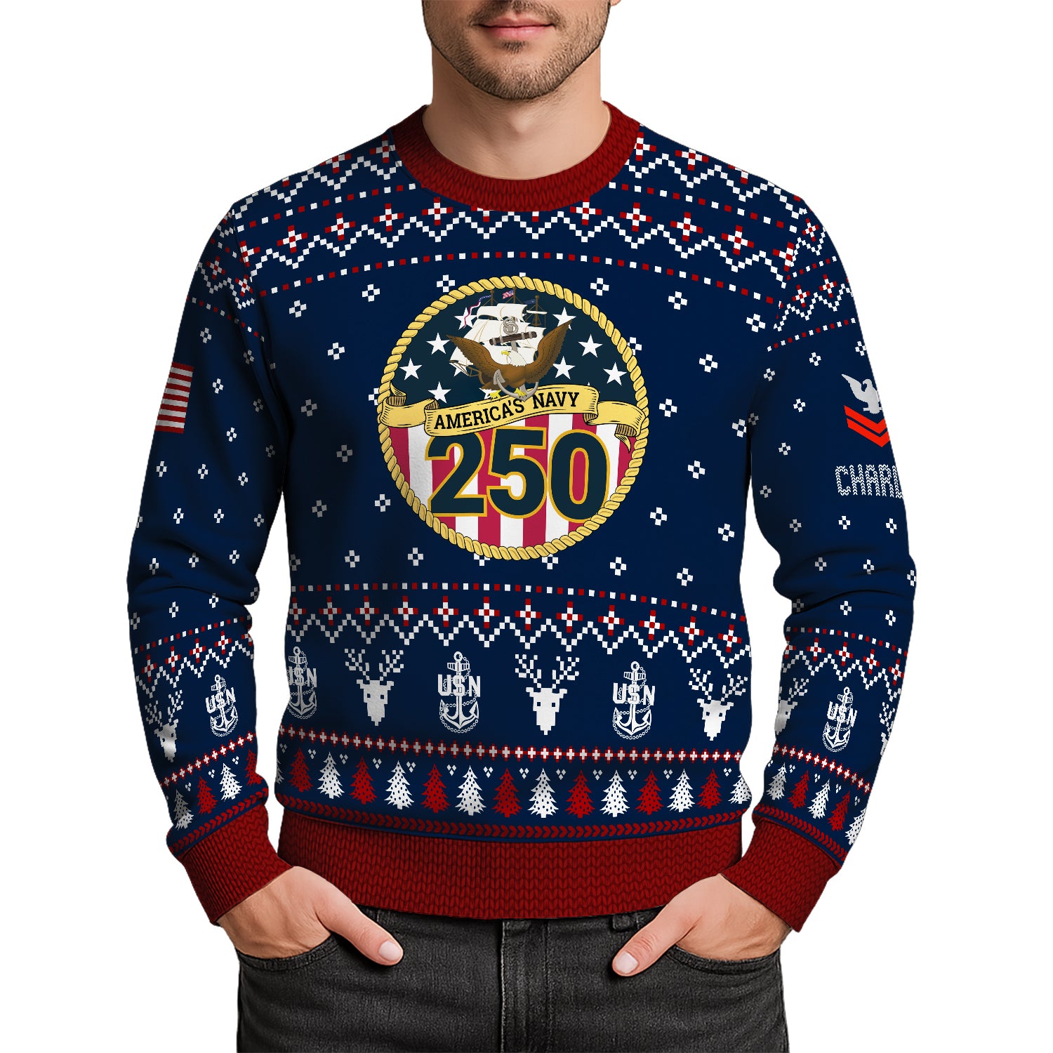 Custom Ranks And Text US Navy Ugly Christmas Sweater for Women Men JUST01