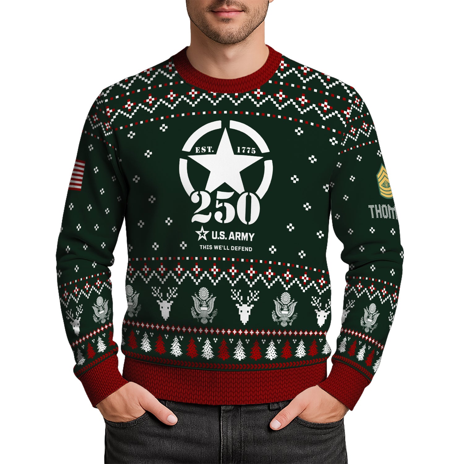 Custom Ranks And Text US Army Ugly Christmas Sweater for Women Men JUST01