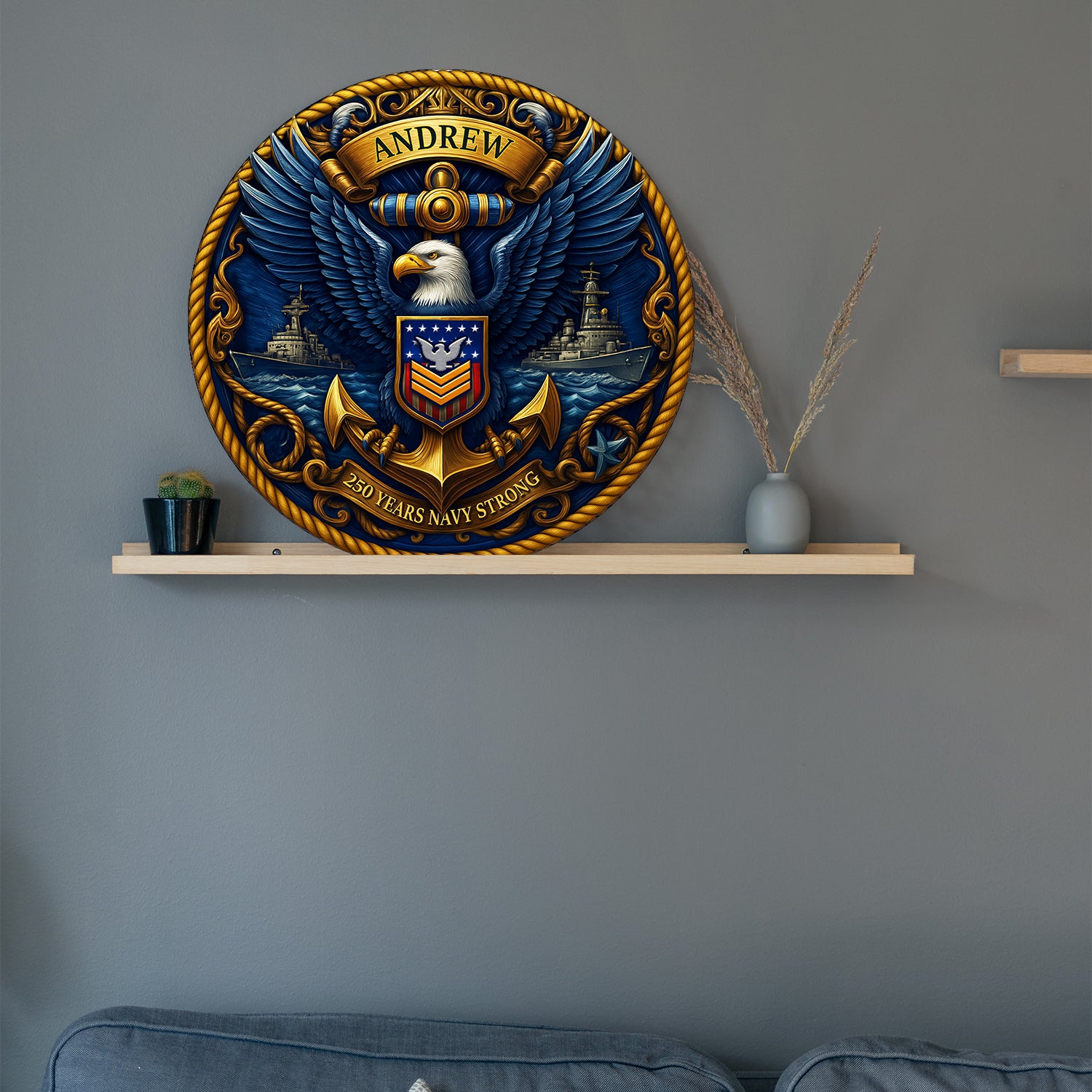US Navy 250 Years Strong Eagle Round Sign – Personalized Navy Pride Wall Art