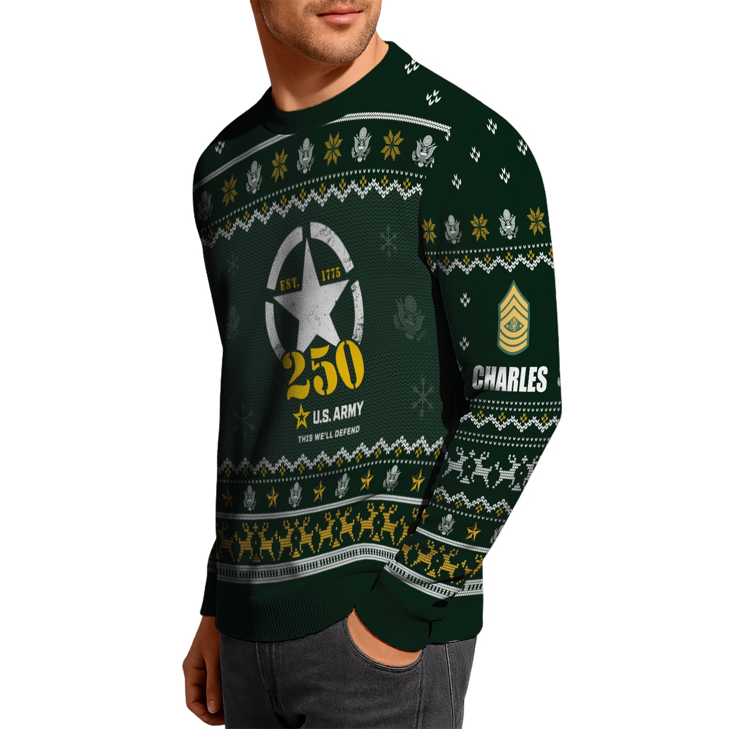 Custom Ranks And Text US Army Ugly Christmas Sweater for Women Men JUST02