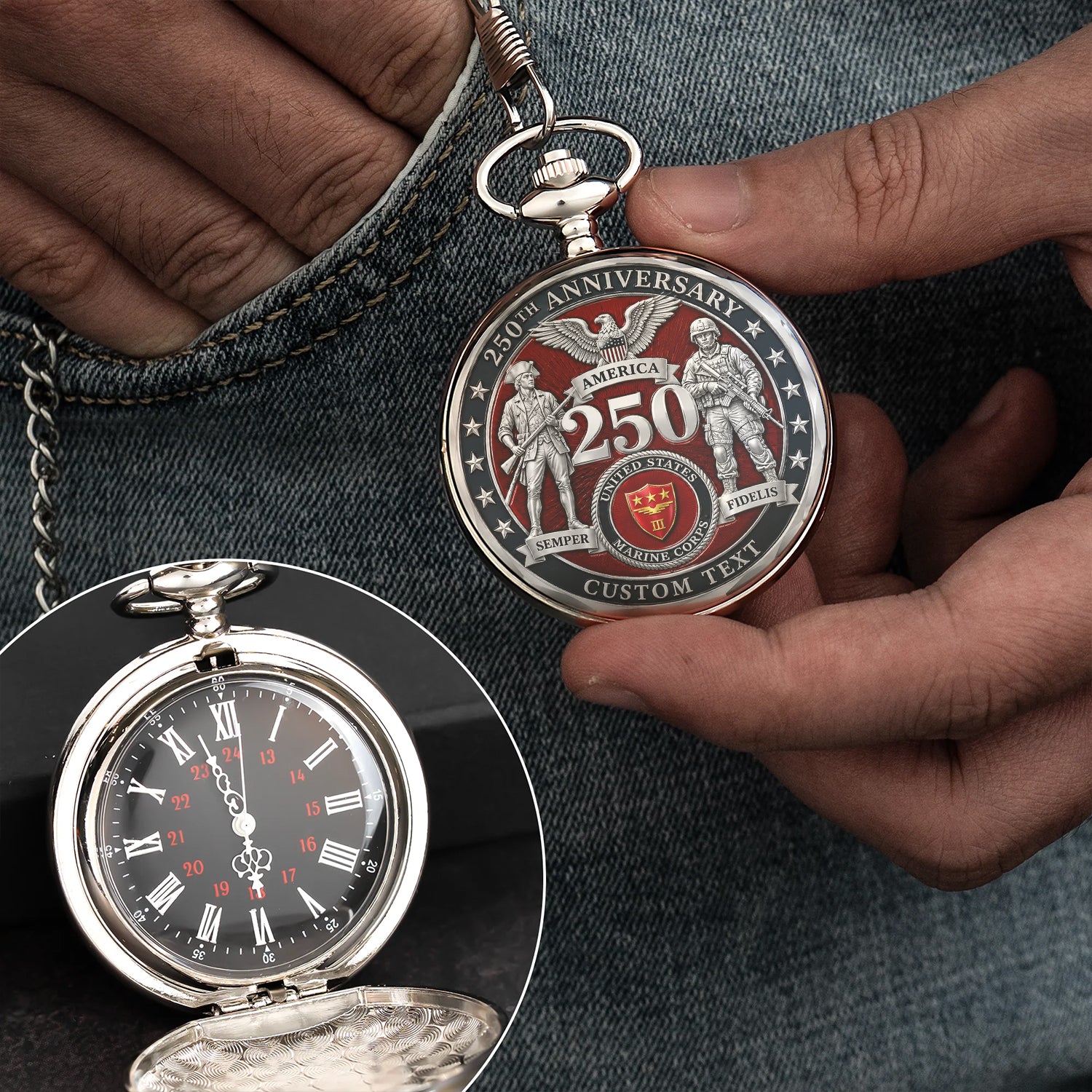 USMC Veteran Pocket Watch Custom Name Rank Keepsake