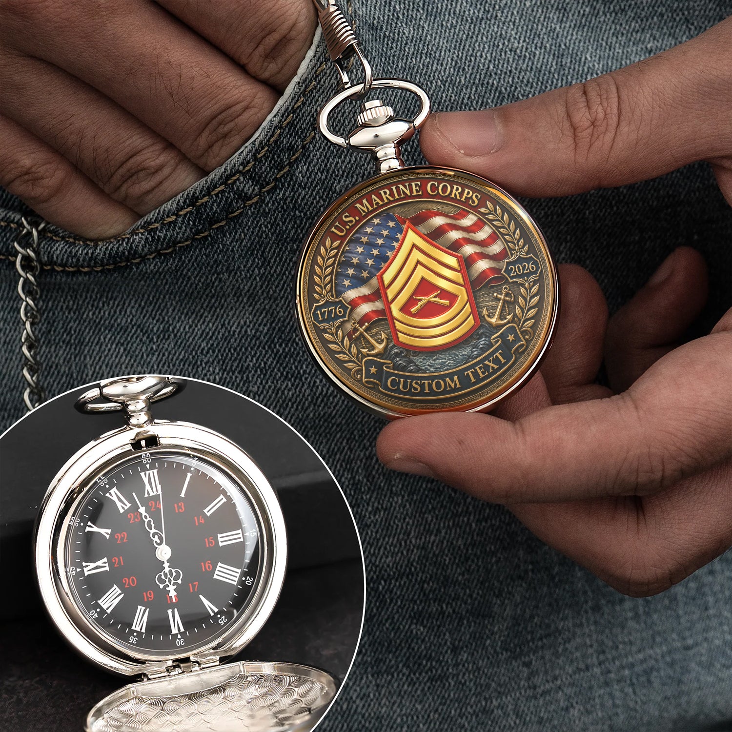 Custom Marine Veteran Pocket Watch Personalized Rank