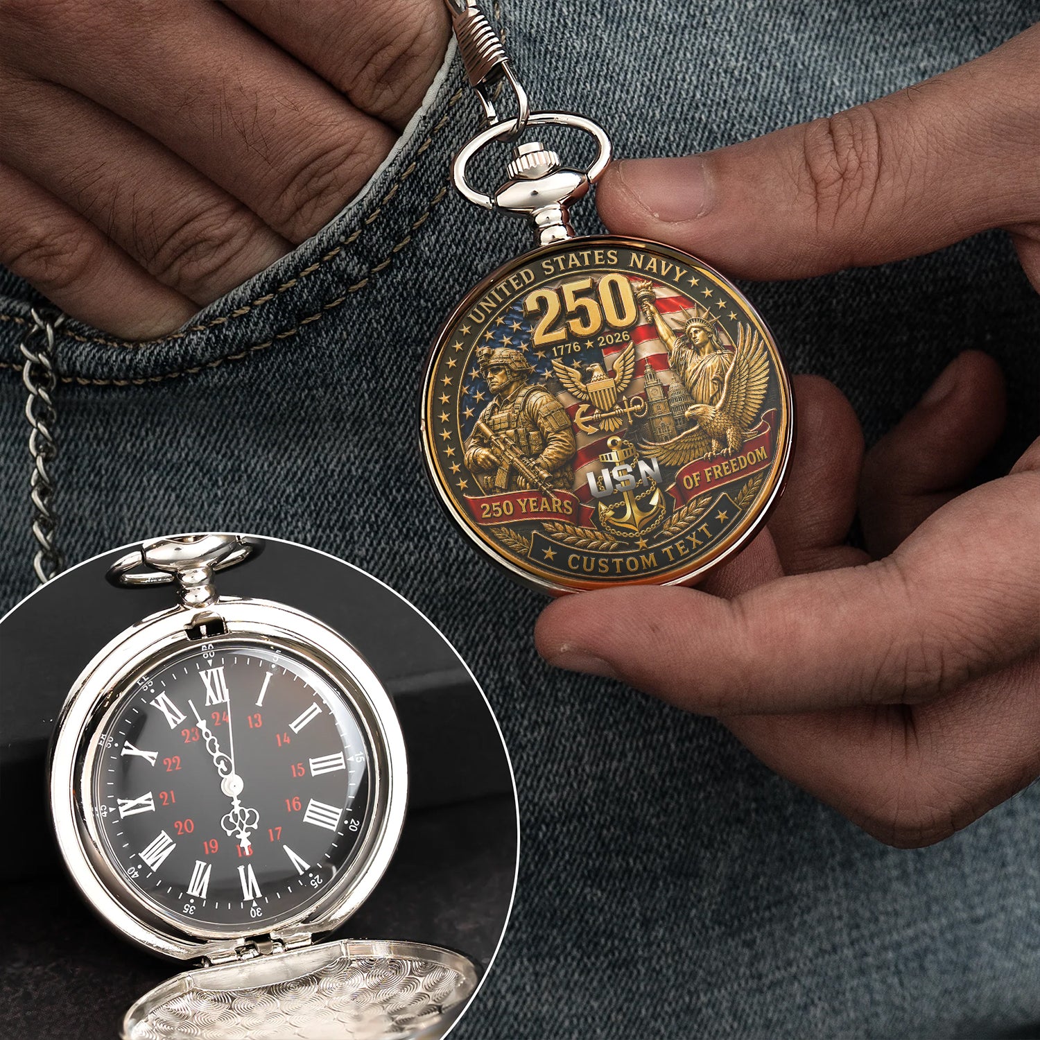 Personalized US Navy Chief Gift Pocket Watch Custom Rank
