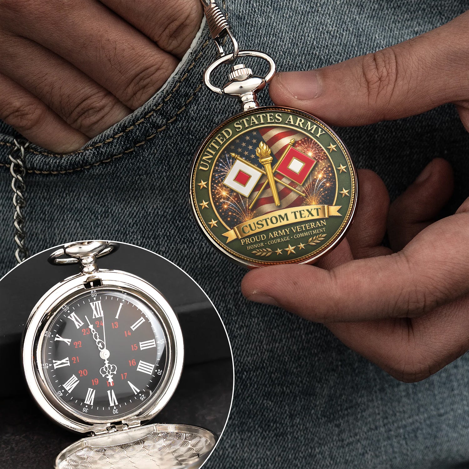 US Army Veteran Pocket Watch Personalized Name Rank 1775-2025 Gift