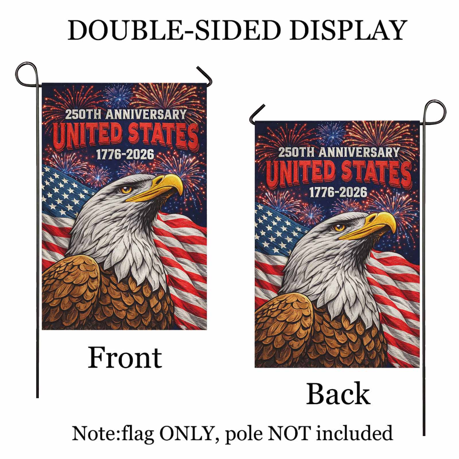 USA 250 Garden Flag Patriotic Eagle Independence Fireworks 1776-2026 Decor