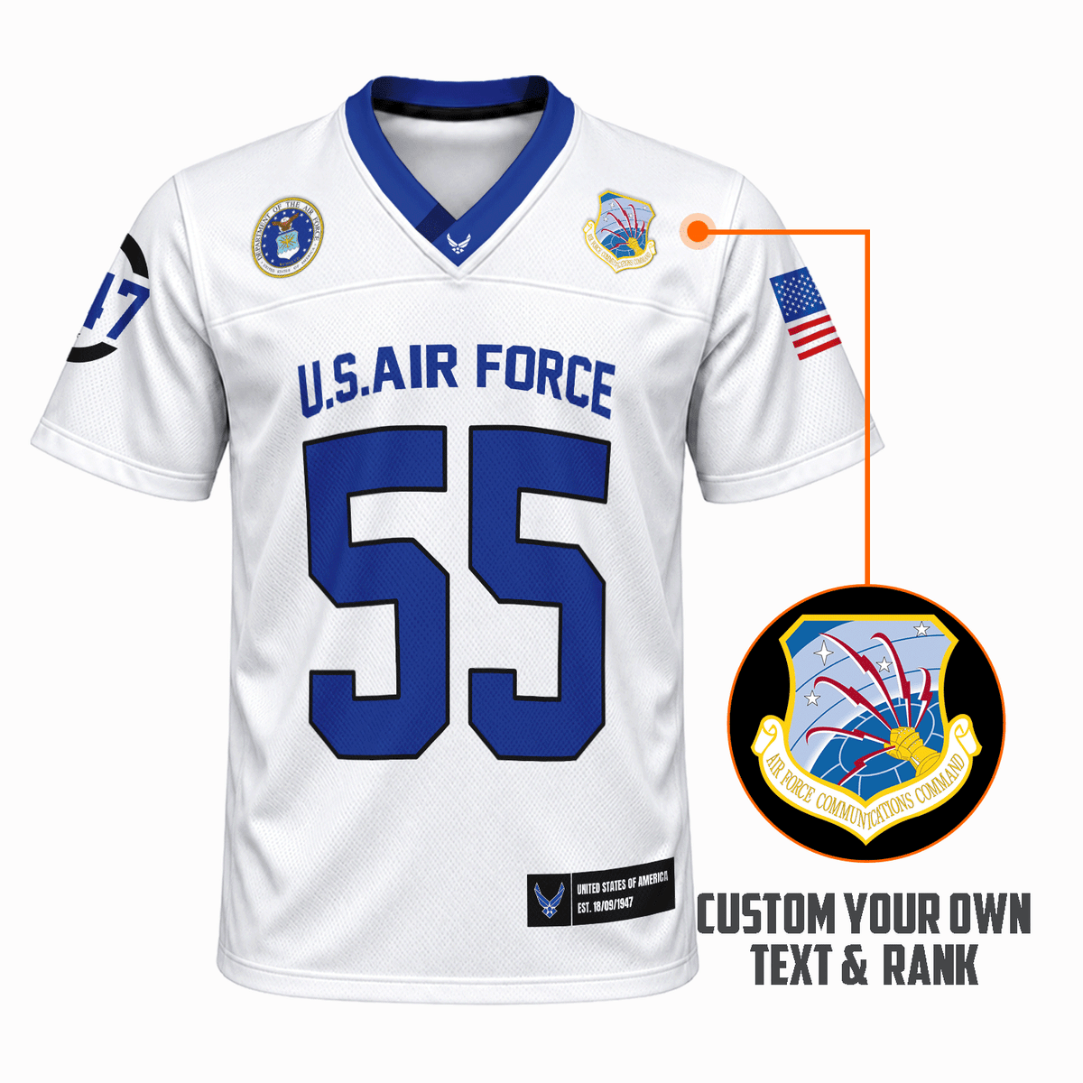 Custom U.S. Air Force Sports Shirt Personalized Rank Text and Jersey Number