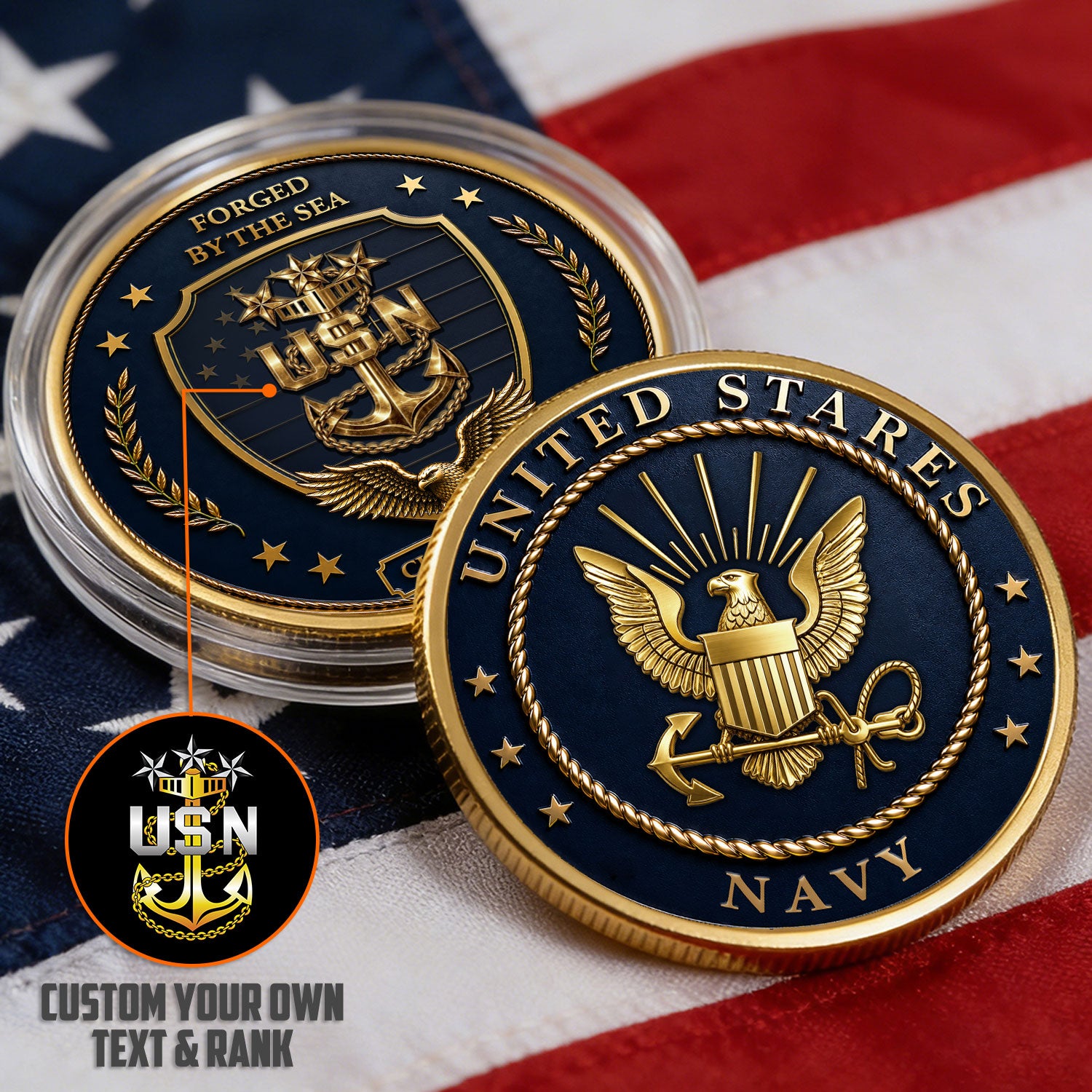 US Navy Officer Rank Personalized Text 3D Challenge Coin