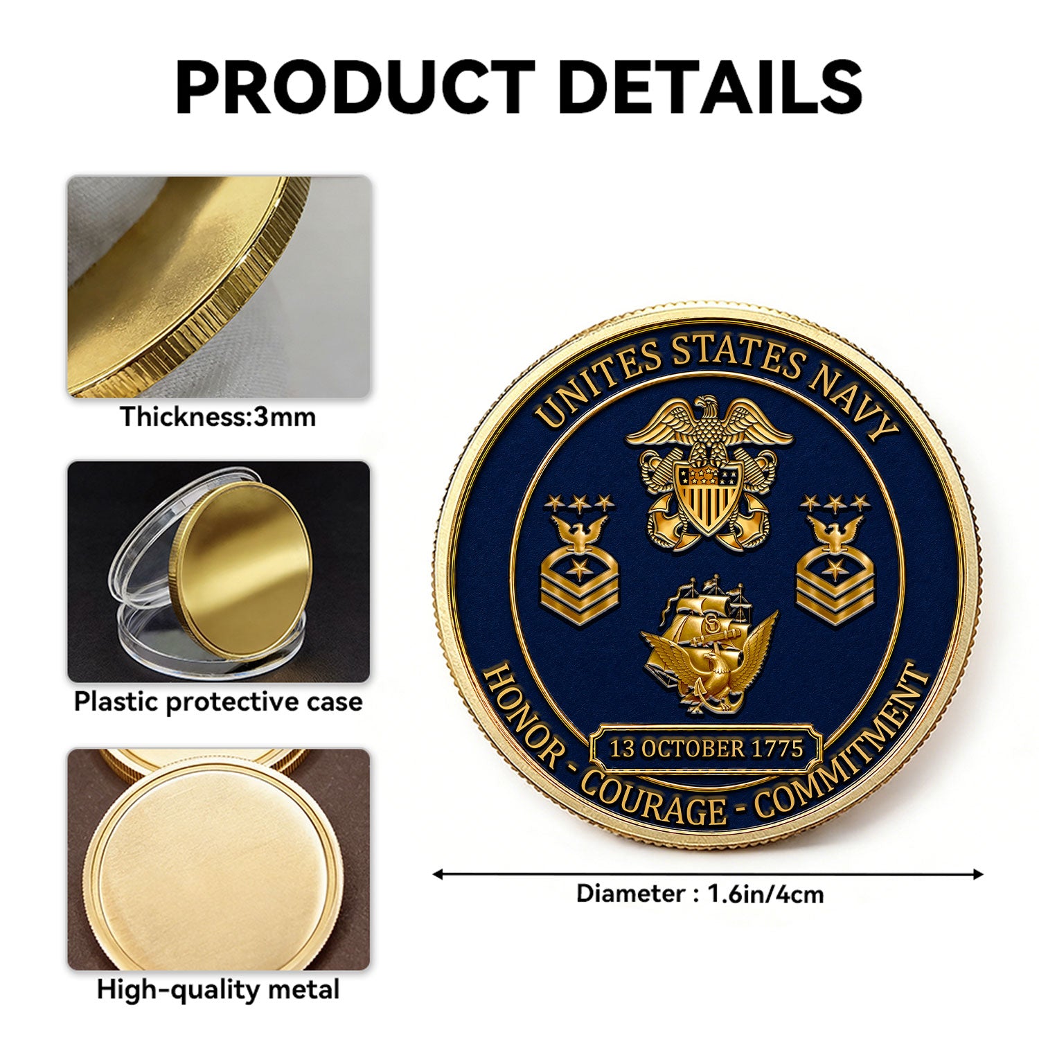 Navy Veteran Custom Rank Message 3D Challenge Coin Gift