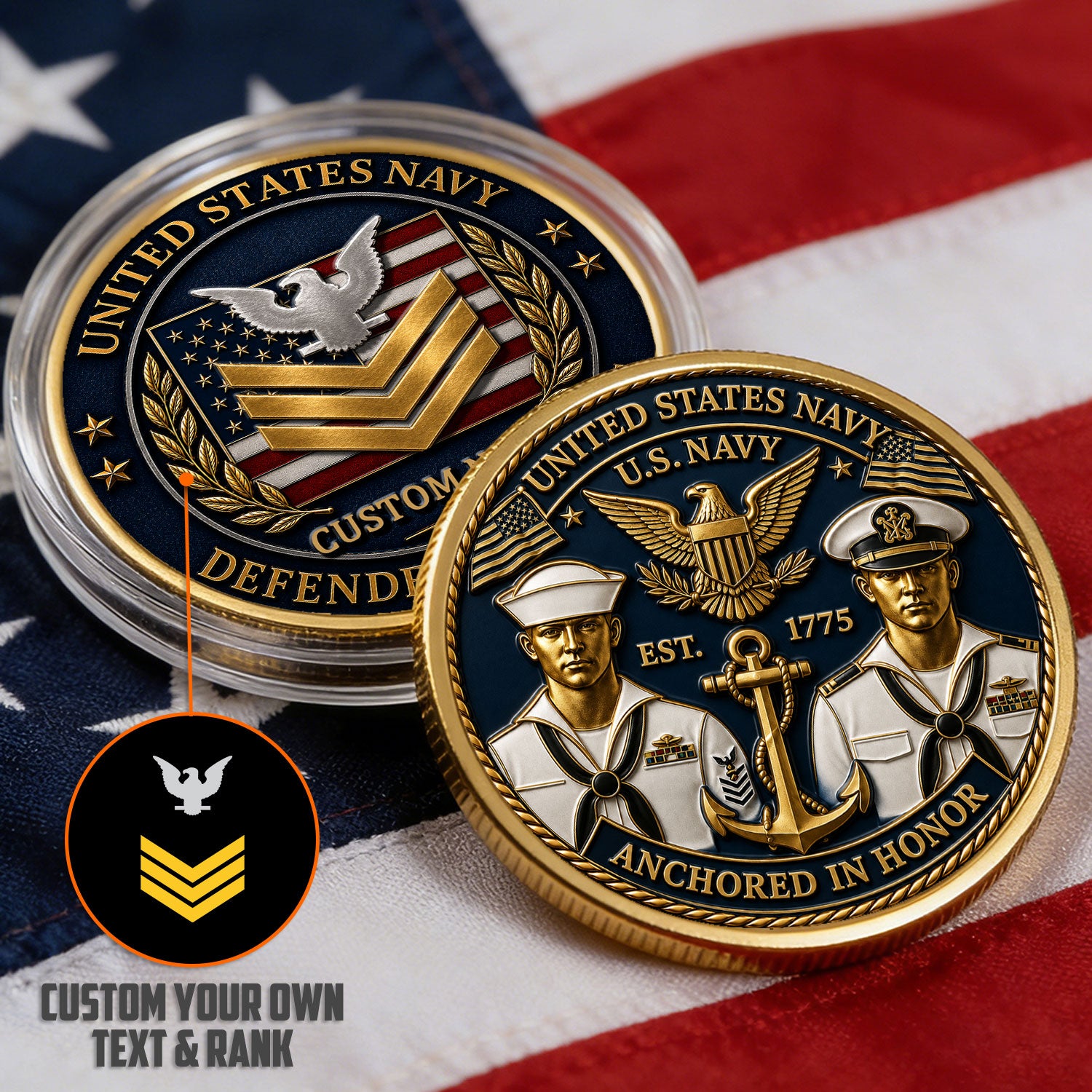 Personalized US Navy Insignia Text 3D Challenge Coin