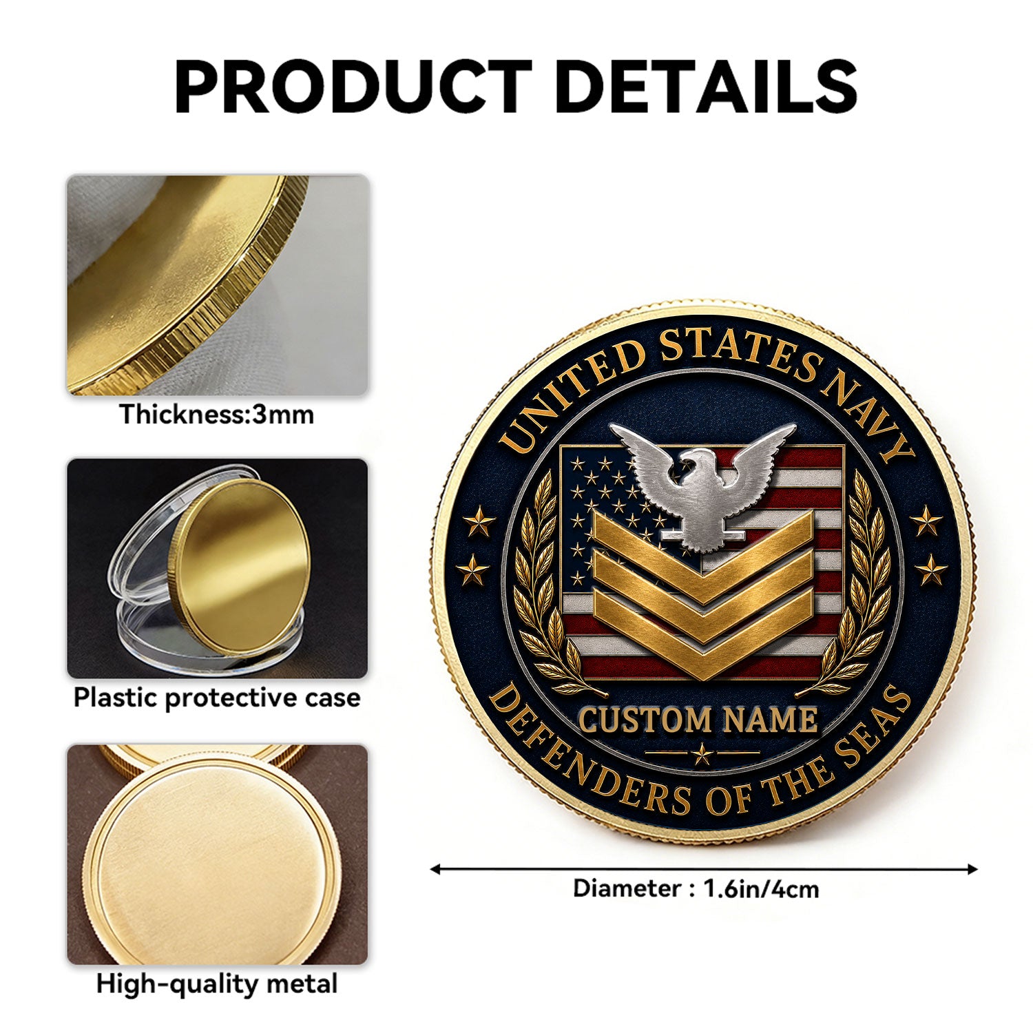 Personalized US Navy Insignia Text 3D Challenge Coin