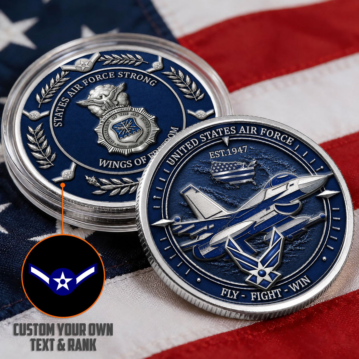 Custom USAF Rank and Service Text 3D Challenge Coin Keepsake