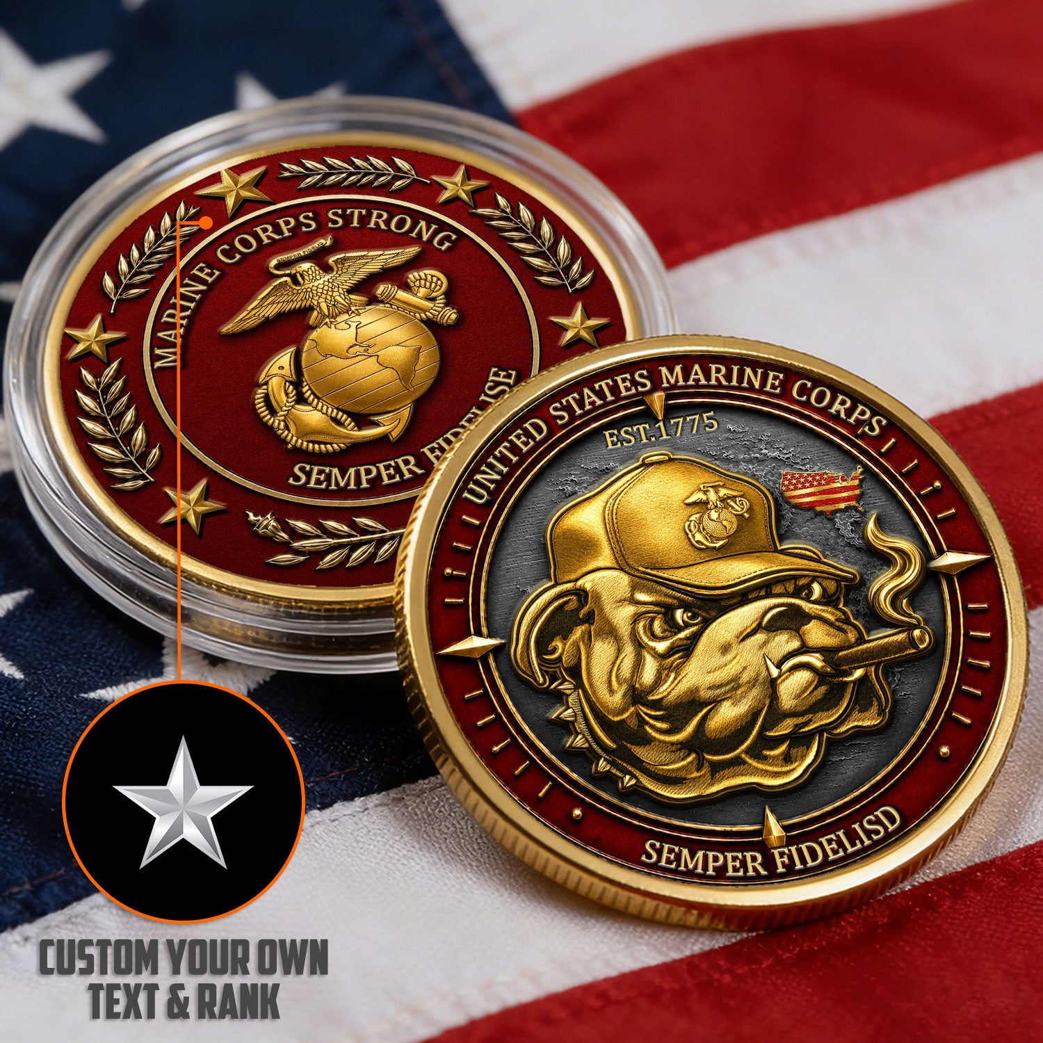 Marine Corps Rank Insignia Custom Text 3D Challenge Coin