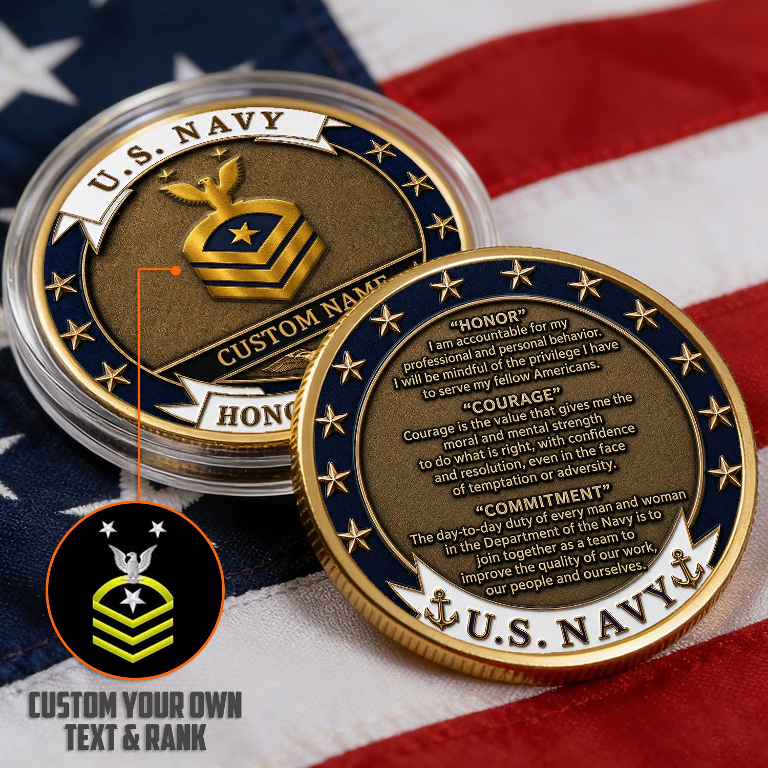 US Navy Personalized Rank Text 3D Challenge Coin Veteran Gift